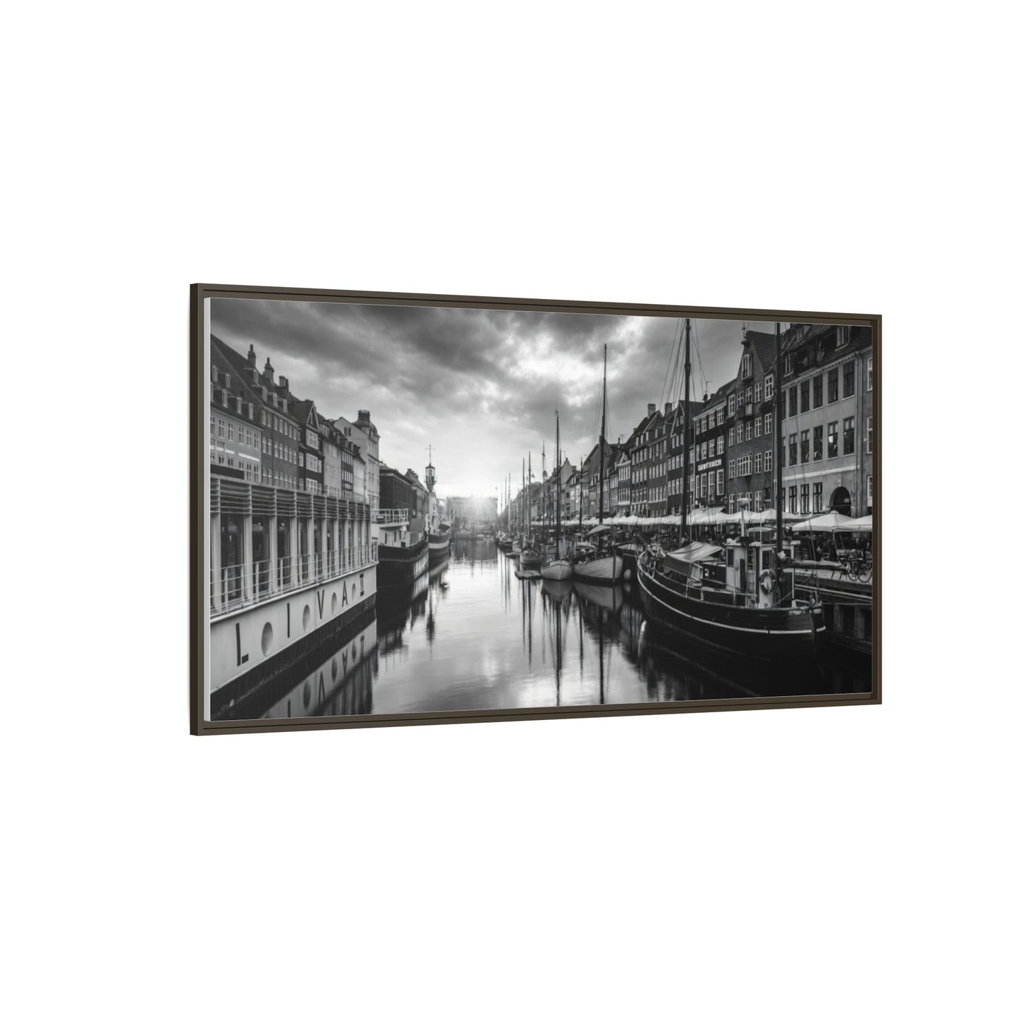Framed Matte Canvas: Black & White Dutch Canal Photography Wall Art