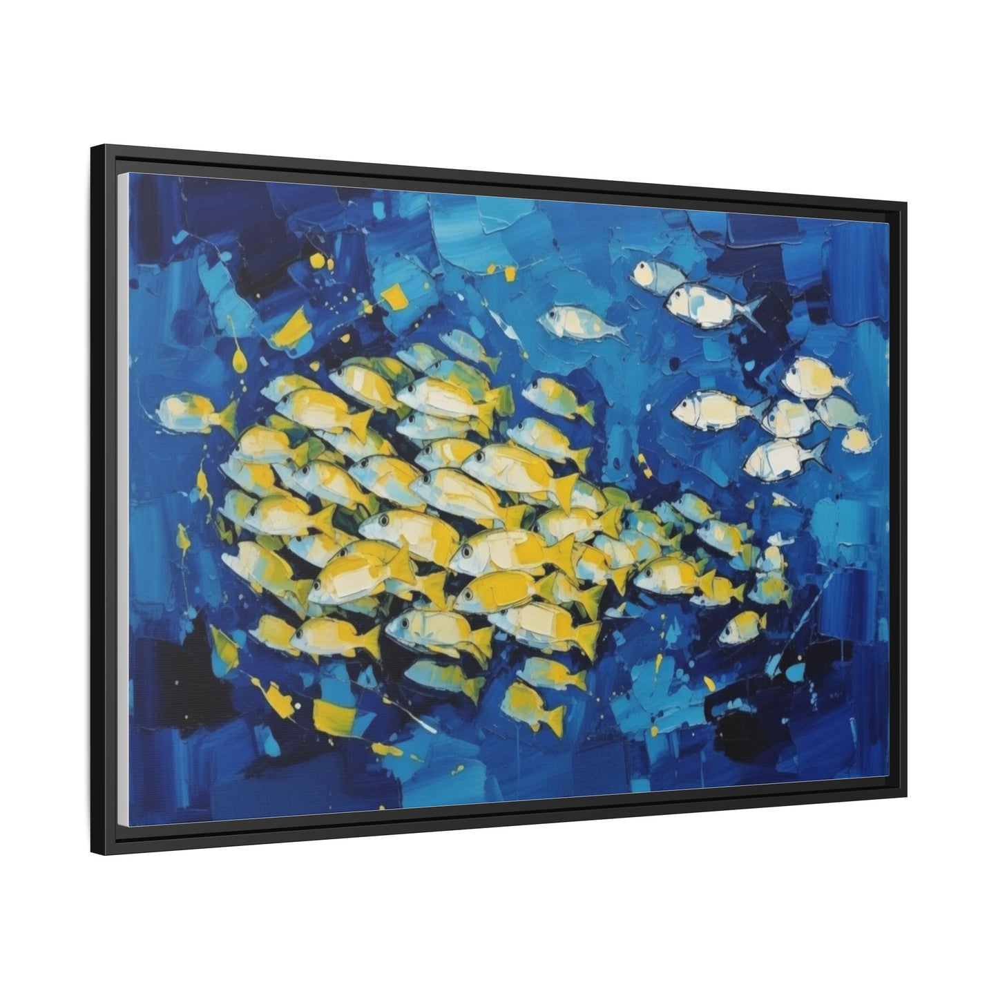 Framed Matte Canvas: Blue School of Fish Wall Art
