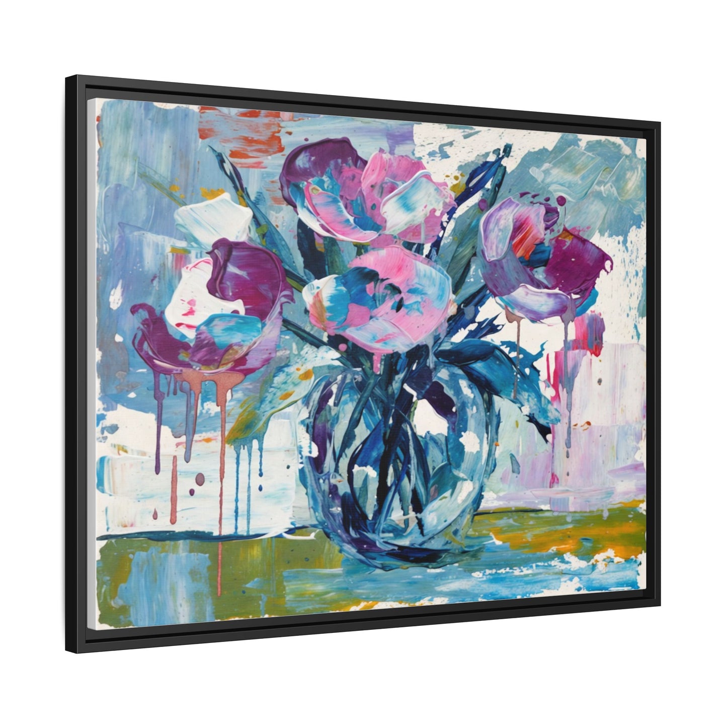 Framed Floral Canvas Art — Abstract Pink & Blue Bouquet
