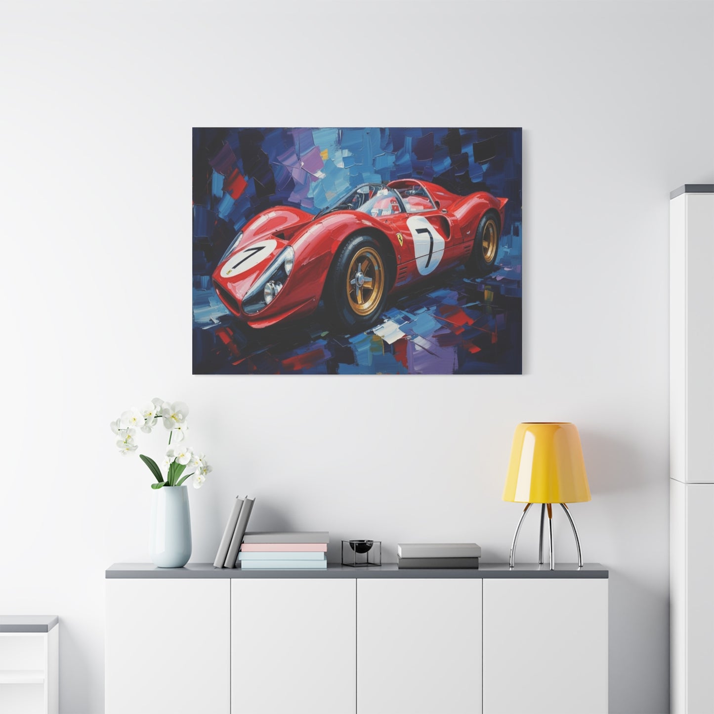 Vintage Ferrari Racing Car Canvas Print — Red Classic Sports Car Artwork (Matte Stretched)