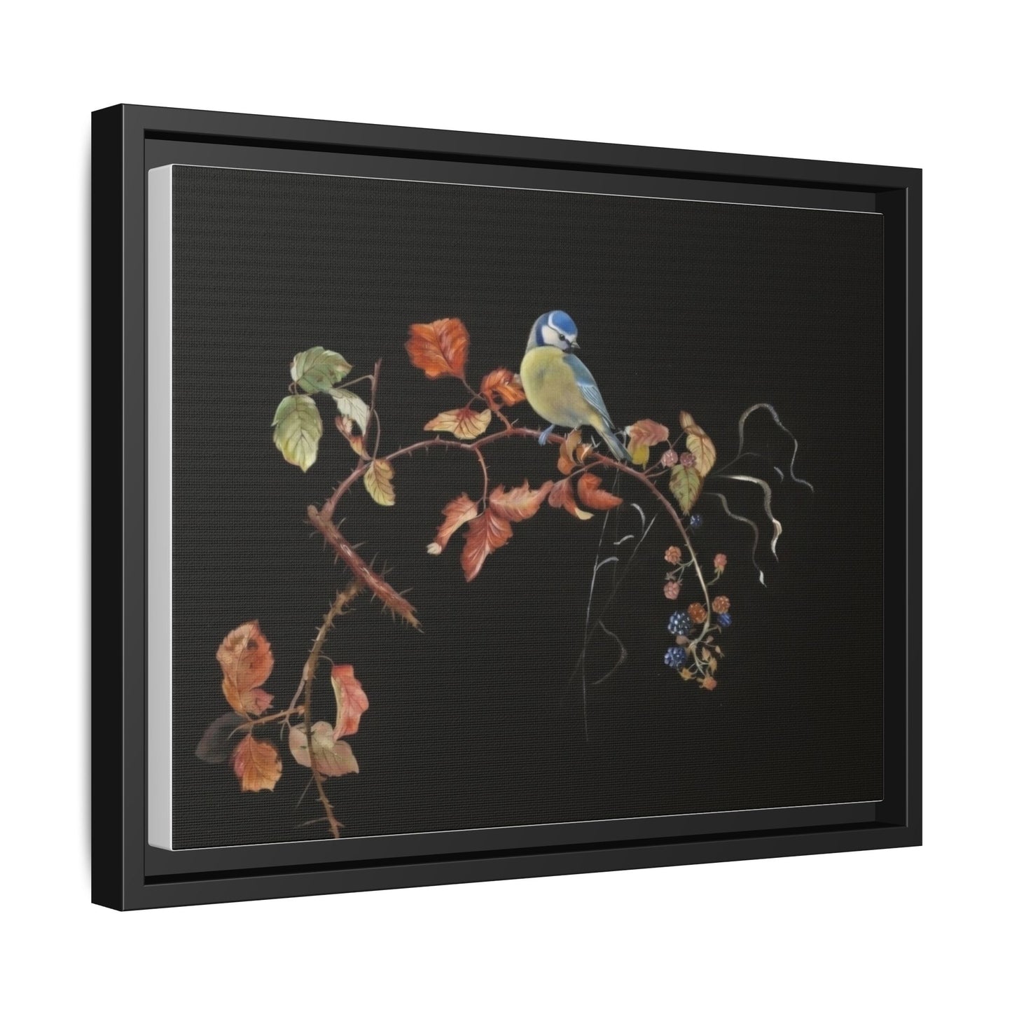 Framed Matte Canvas - Blue Tit on Autumn Branch Wall Art