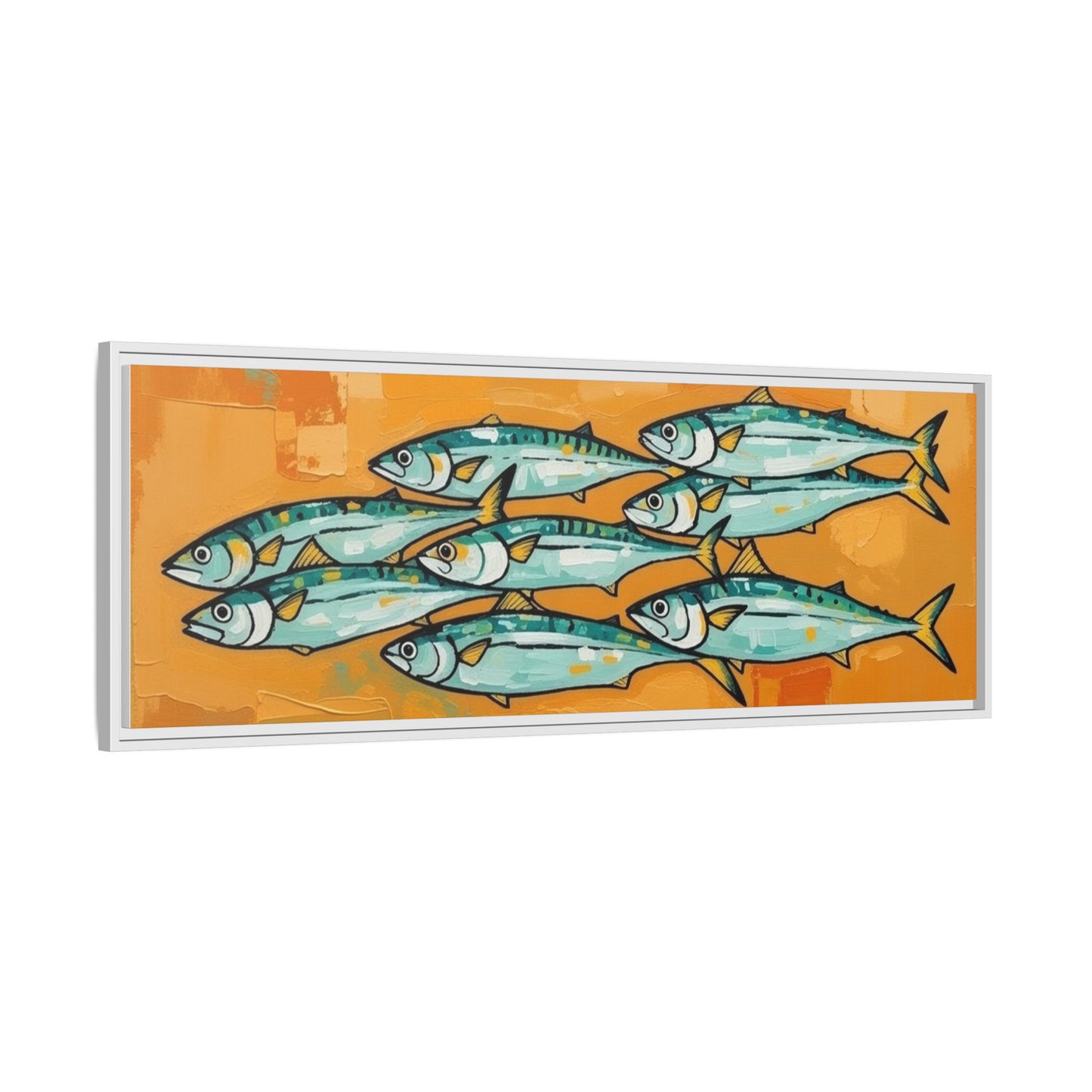 Framed Matte Canvas Print — School of Blue Fish on Orange Abstract Background