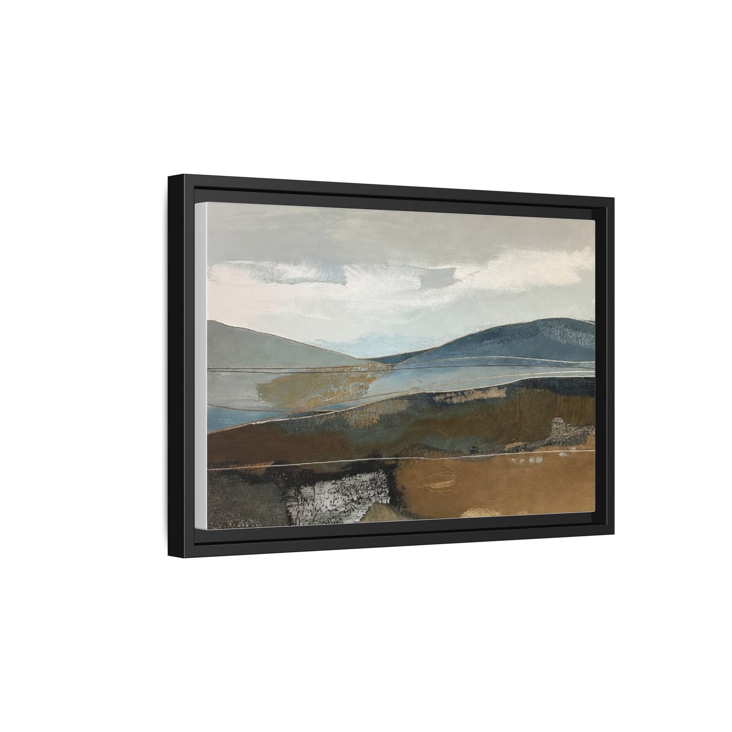 Framed Matte Canvas Landscape Art - Serene Abstract Hills in Blue & Earth Tones