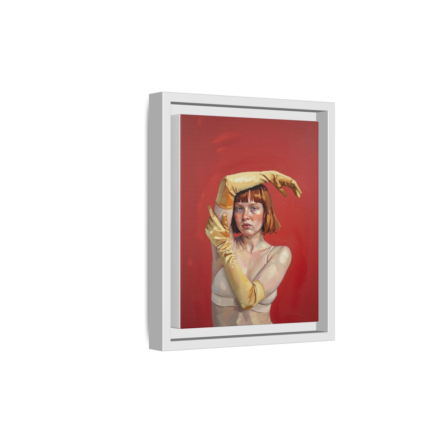 Framed Matte Canvas Art - Portrait of Woman in Yellow Gloves (Red Background)