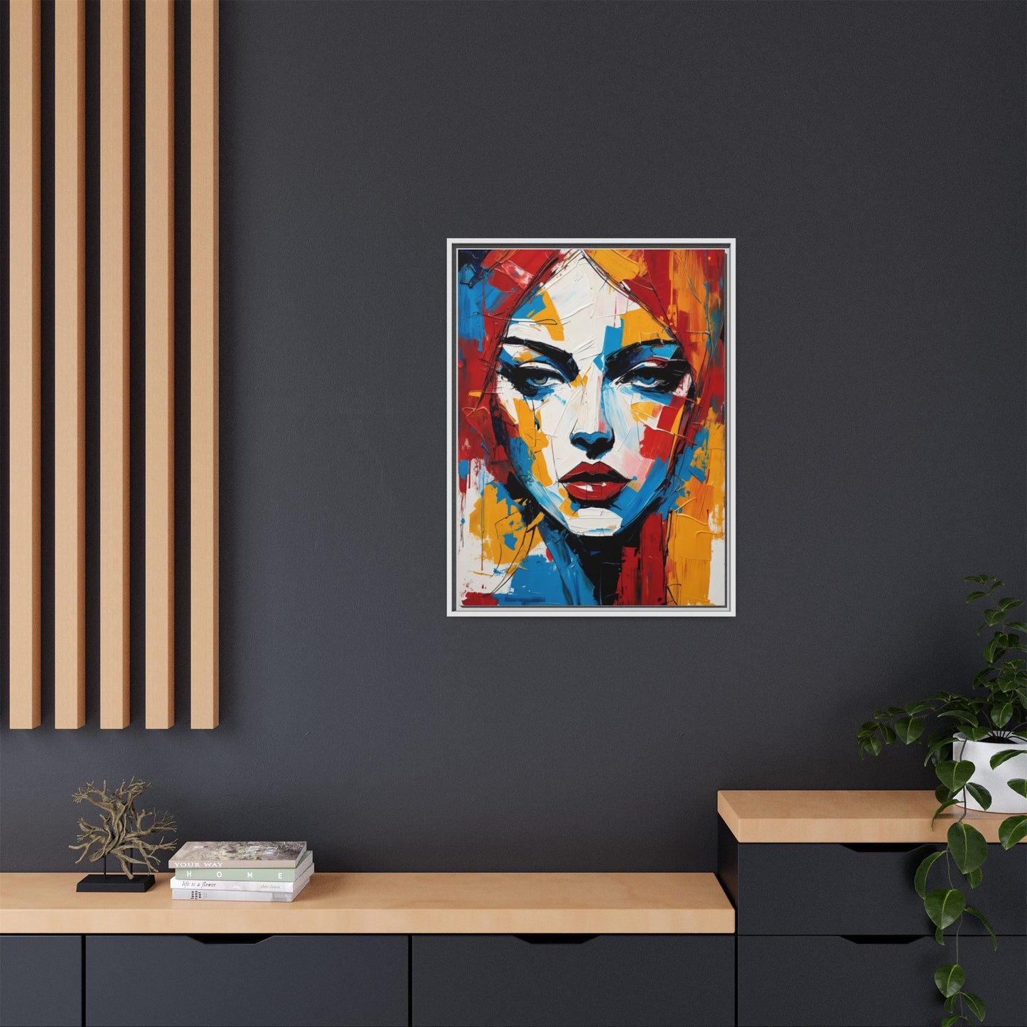 Framed Abstract Portrait Canvas — Colorful Female Face Wall Art