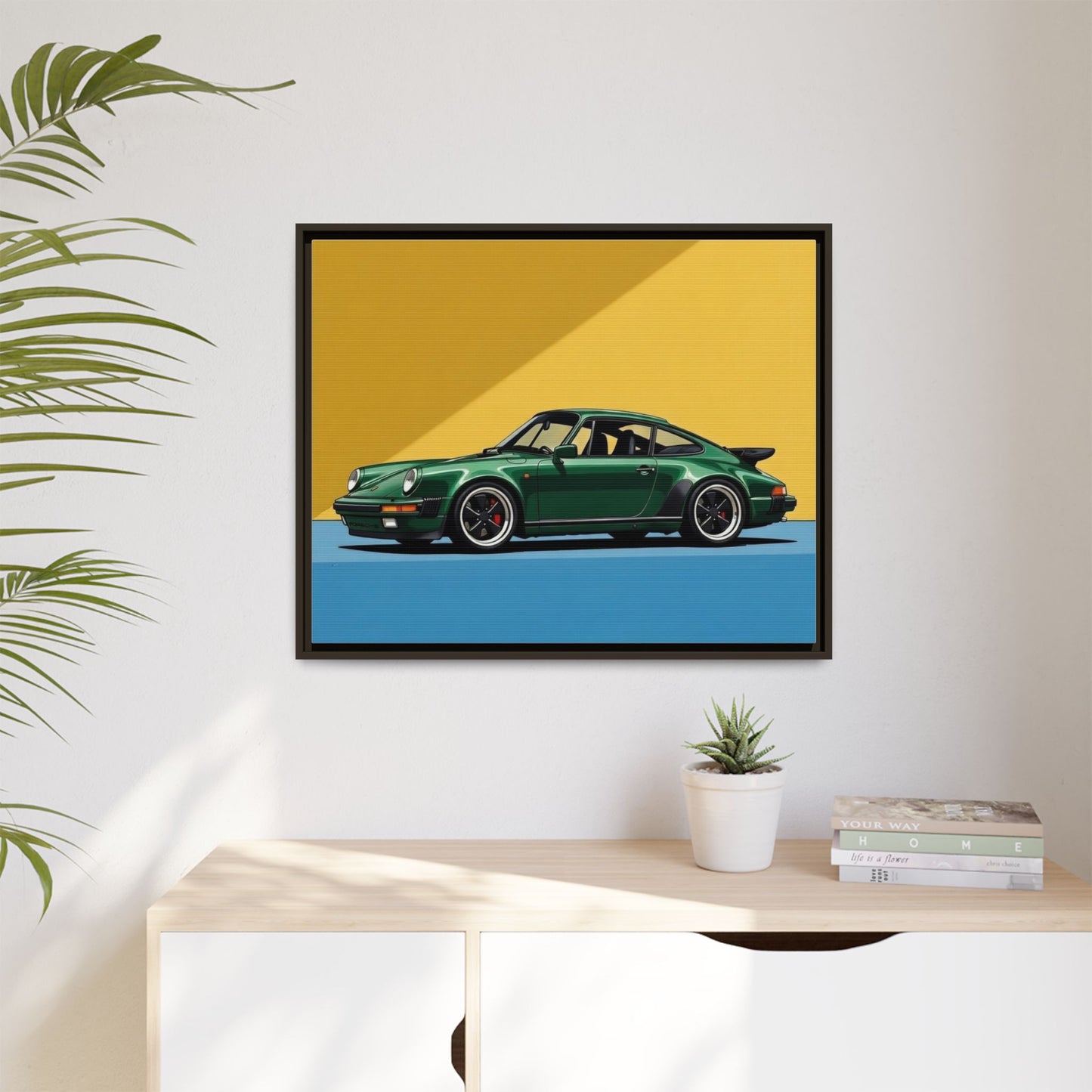Framed Matte Canvas — Green Sports Car Wall Art