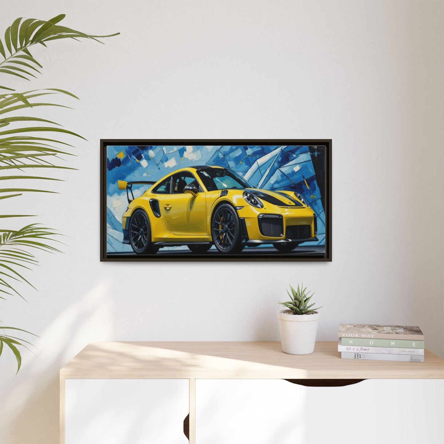 Yellow Porsche Sports Car Matte Framed Canvas – Modern Automotive Wall Art
