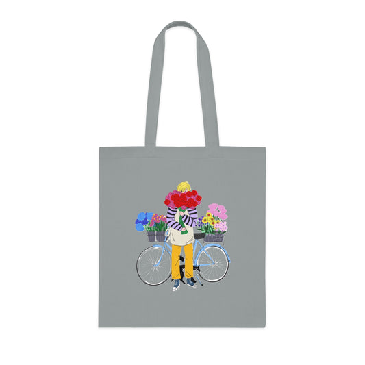 Floral Bike Tote Bag — Cotton Market Tote with Colorful Flower Bicycle Design