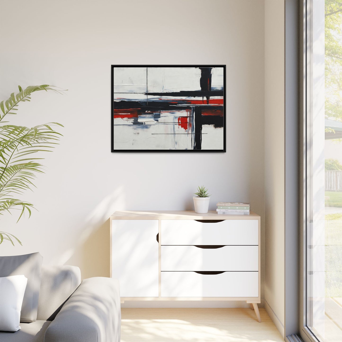 Abstract Red & Black Framed Canvas Art — Modern Matte Wall Painting