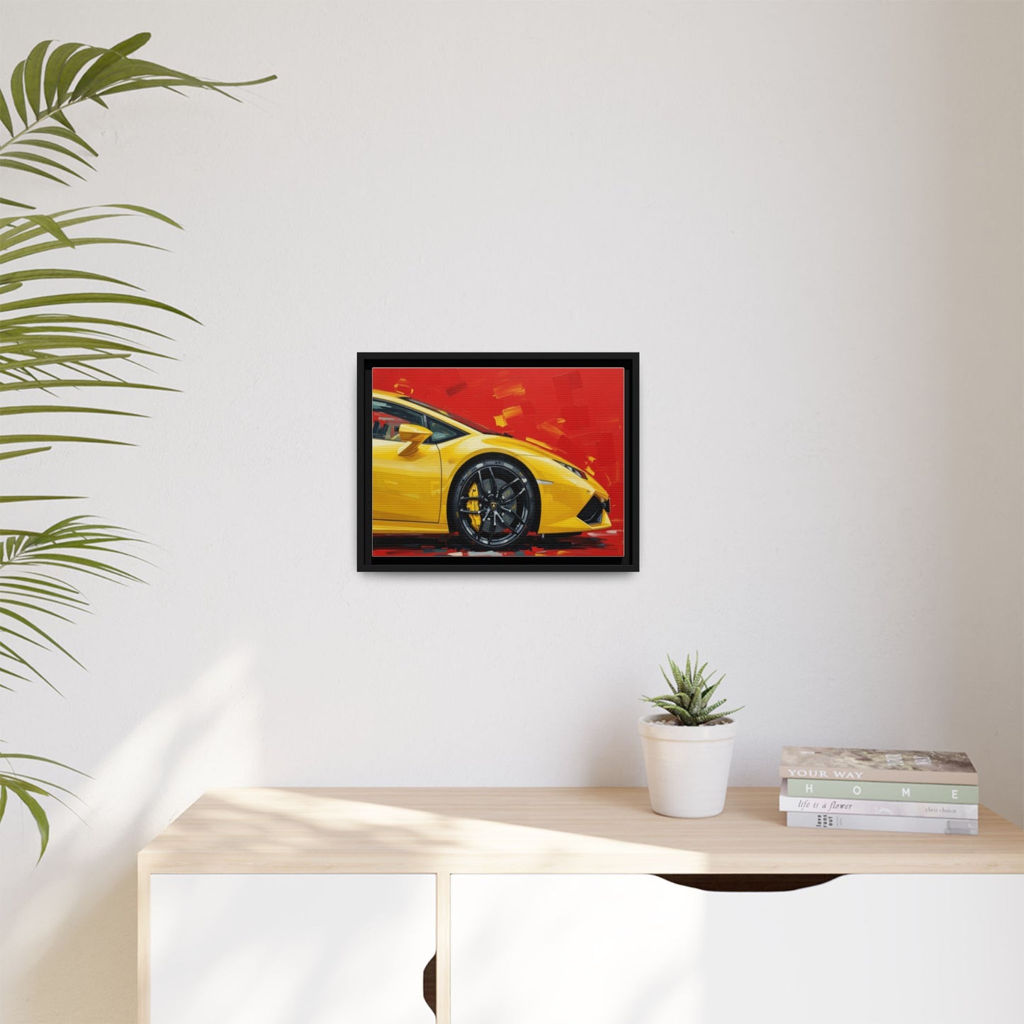 Yellow Sports Car Matte Canvas Print — Framed Automotive Wall Art