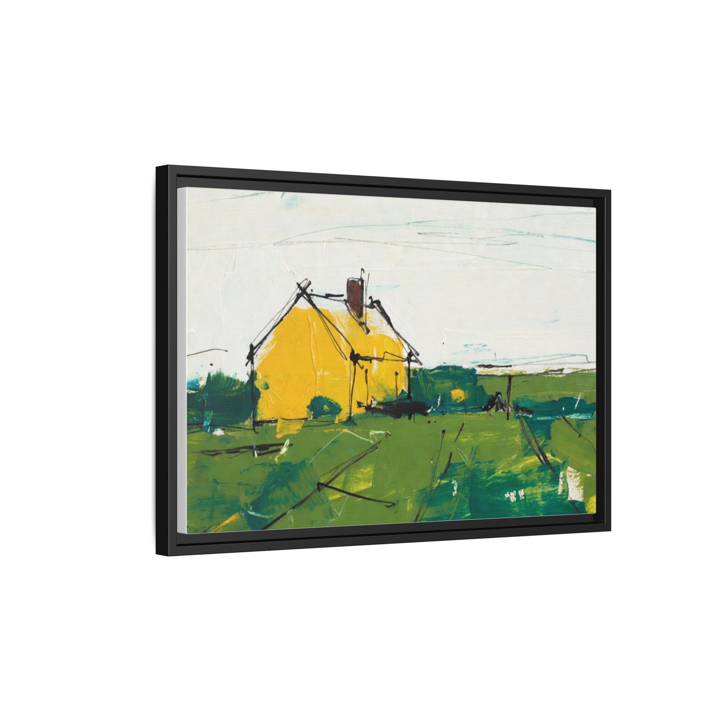 Yellow Cottage Landscape Framed Canvas Print