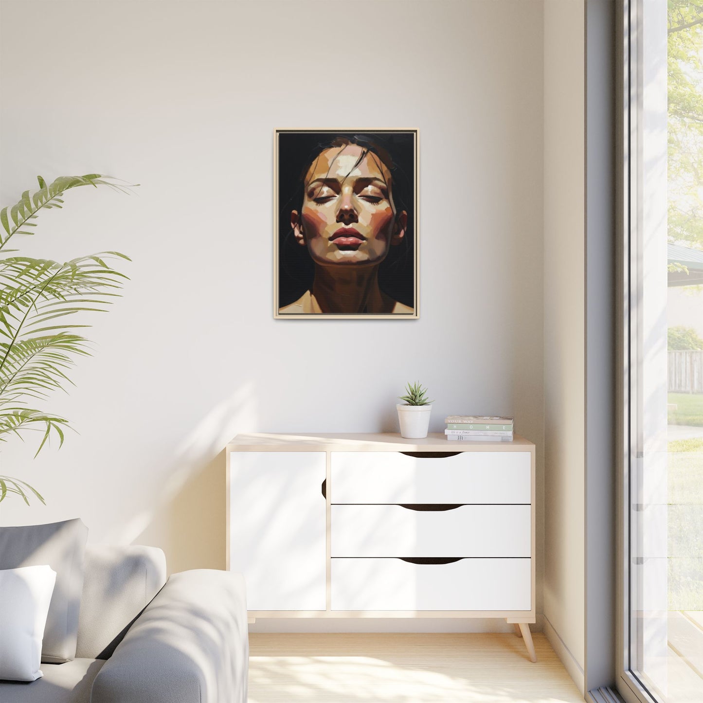 Framed Matte Canvas Portrait – Woman with Eyes Closed (Multi‑Color)