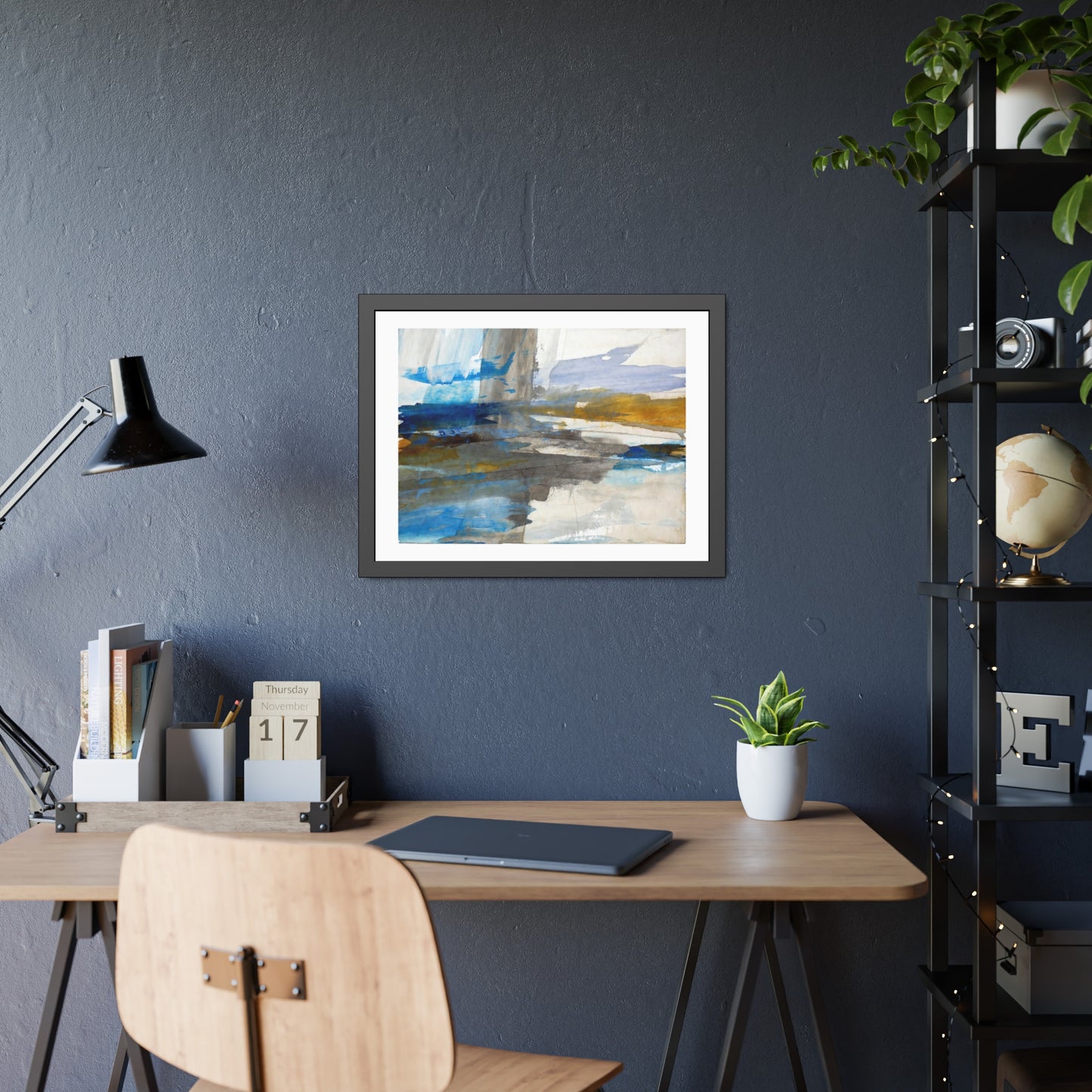 Abstract Coastal Waterscape Framed Poster — Blue & Gold Modern Wall Art