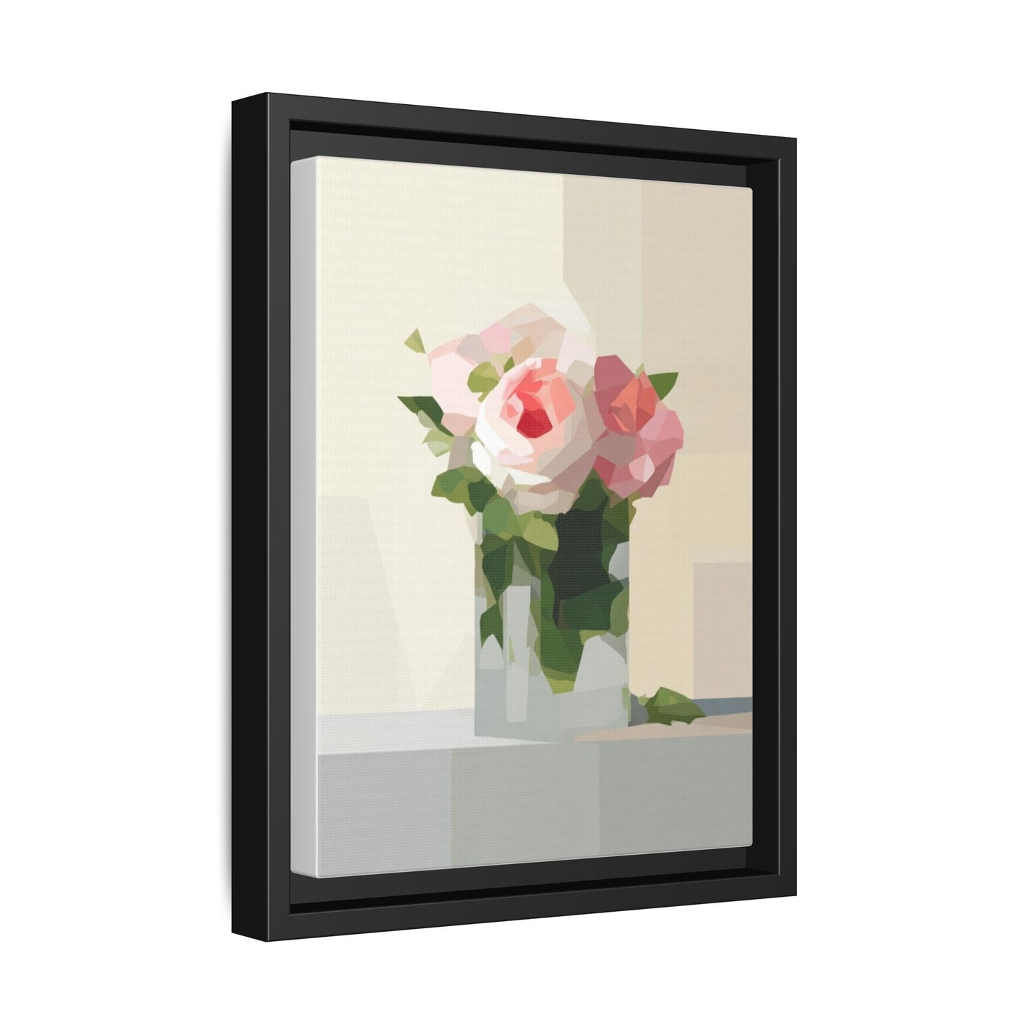 Framed Floral Canvas Print — Geometric Pink Rose Wall Art