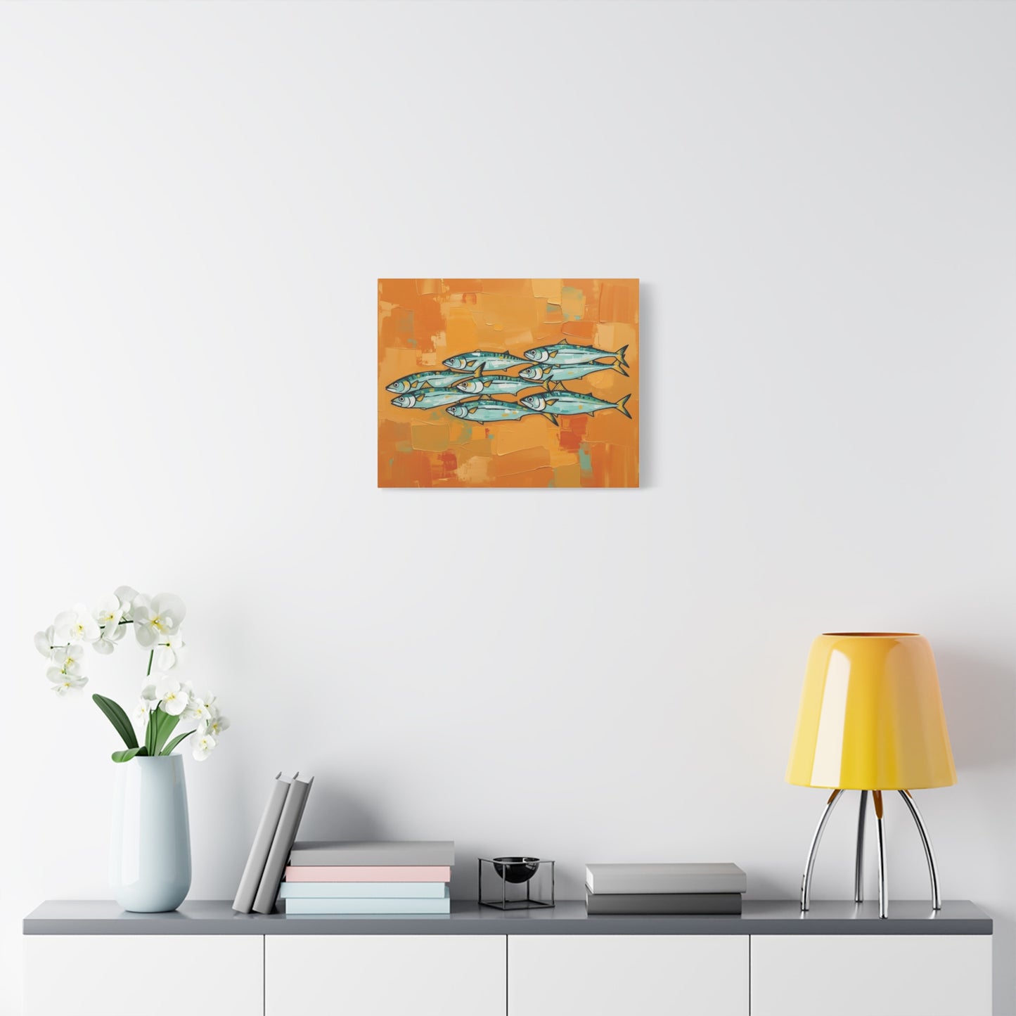 School of Mackerel Canvas Wall Art — Nautical Fish Painting on Orange Background