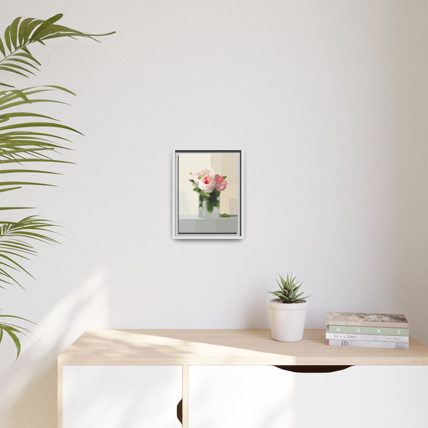 Framed Floral Canvas Print — Geometric Pink Rose Wall Art