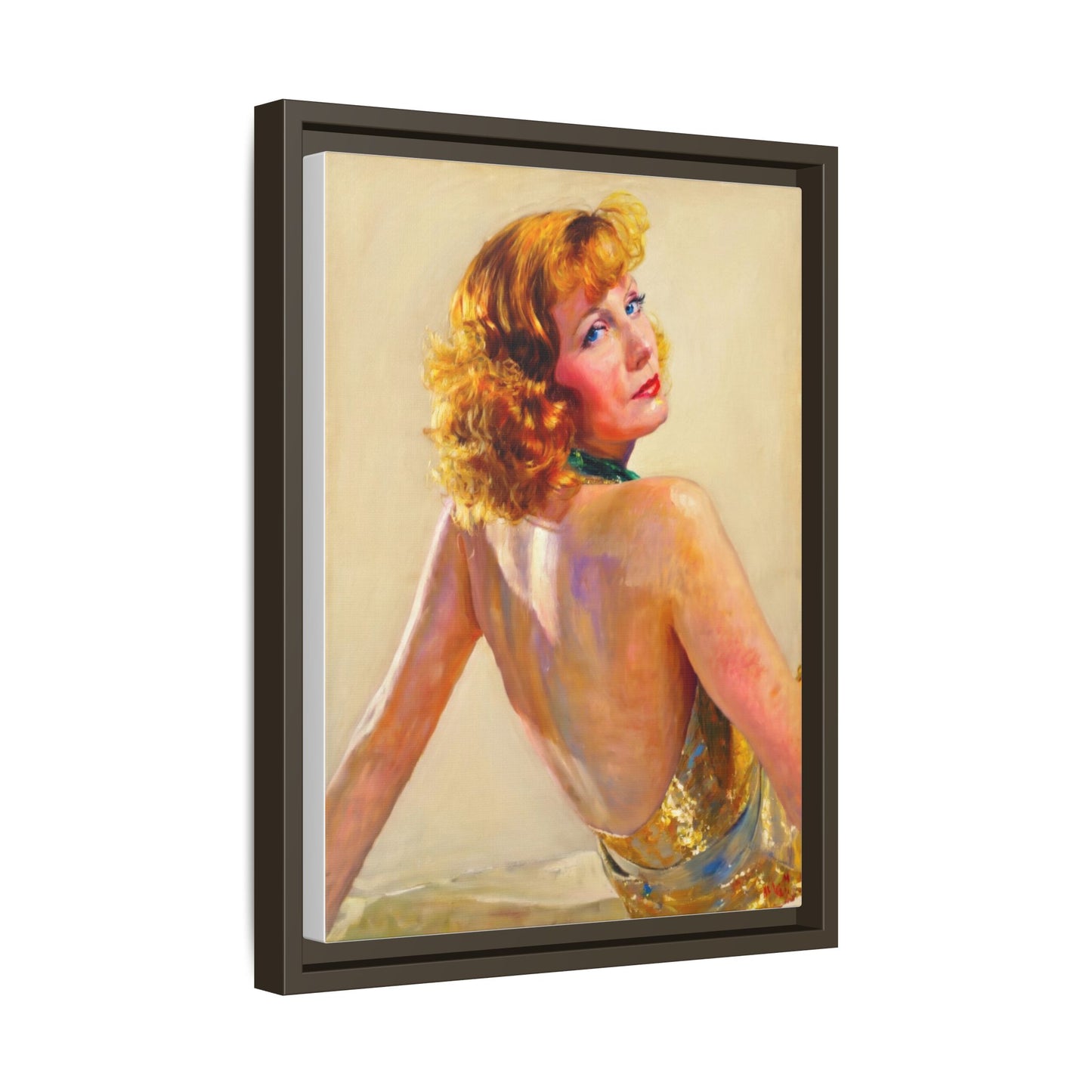 Framed Matte Canvas Print — Vintage Portrait of Redhead Greta Garbo in Gold Dress