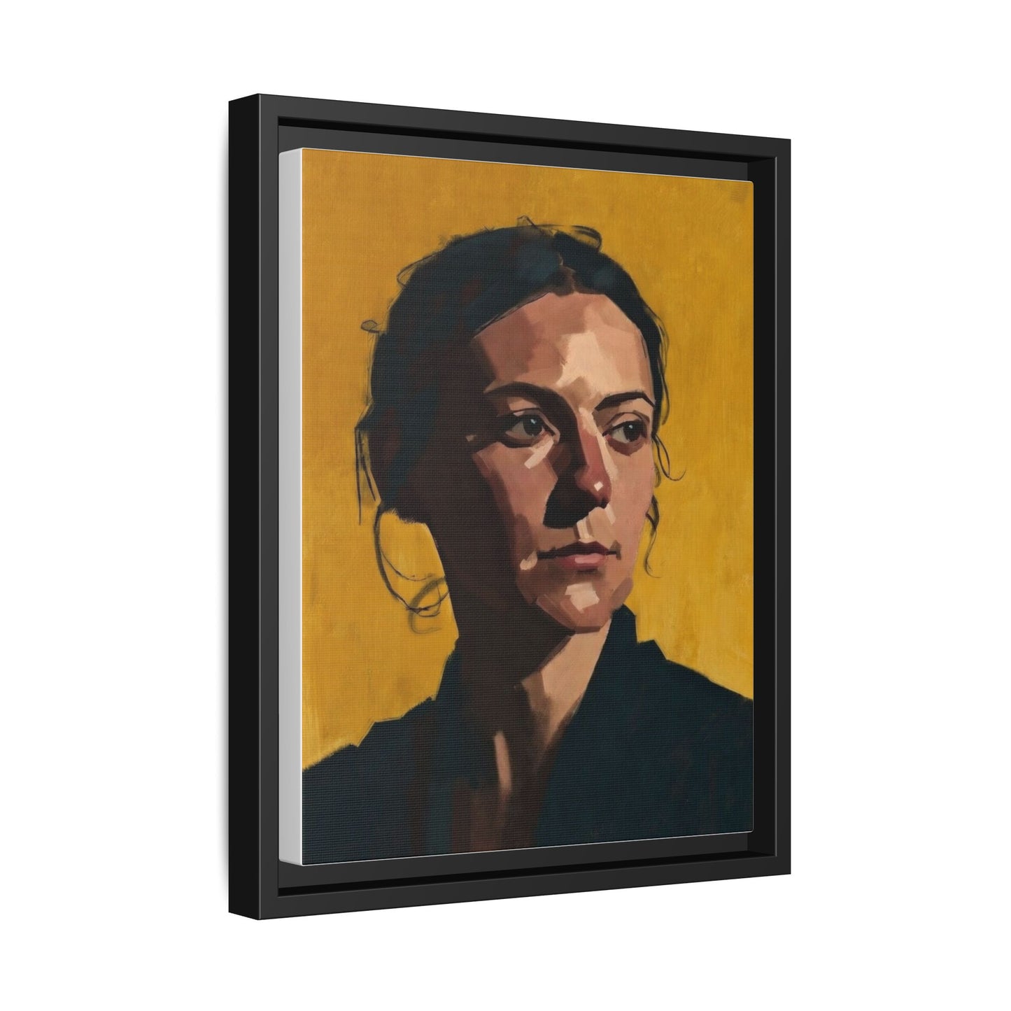 Framed Matte Canvas Portrait Art — Moody Woman on Mustard Background