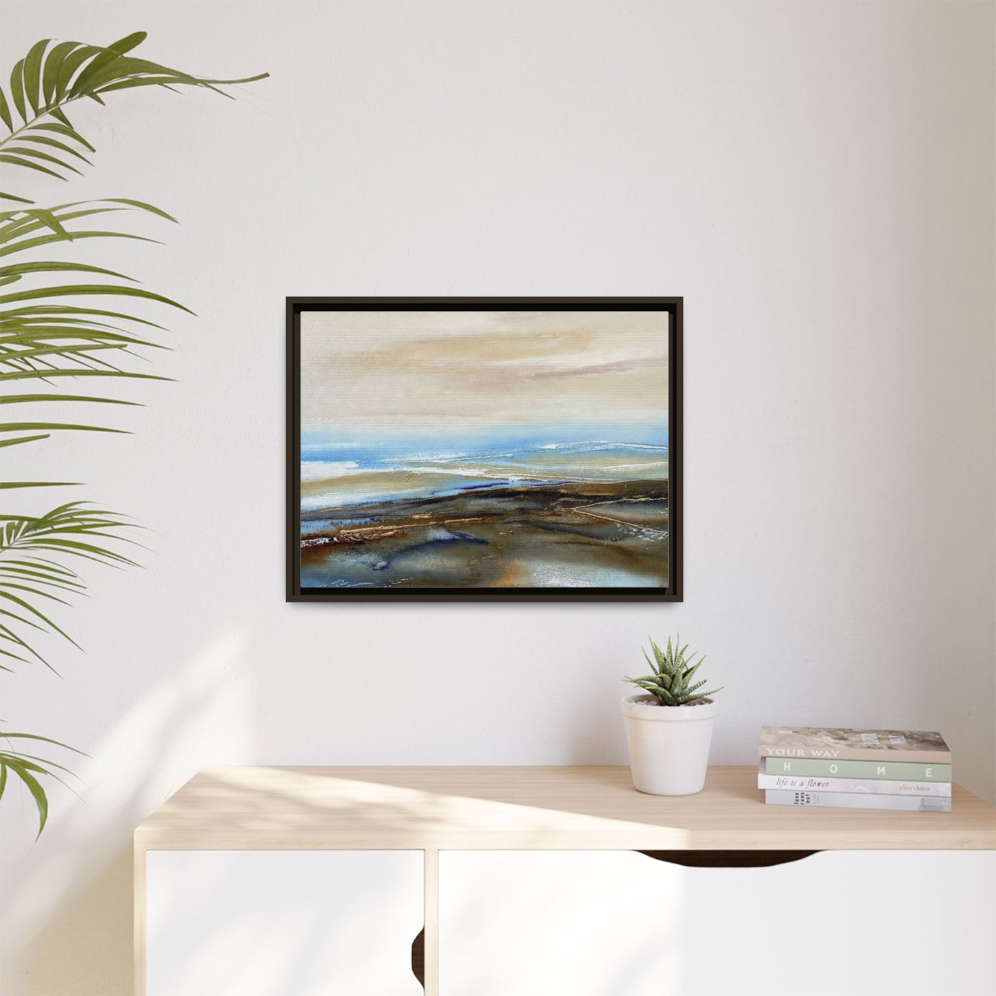 Framed Abstract Seascape Matte Canvas — Coastal Blue & Earth Tone Wall Art