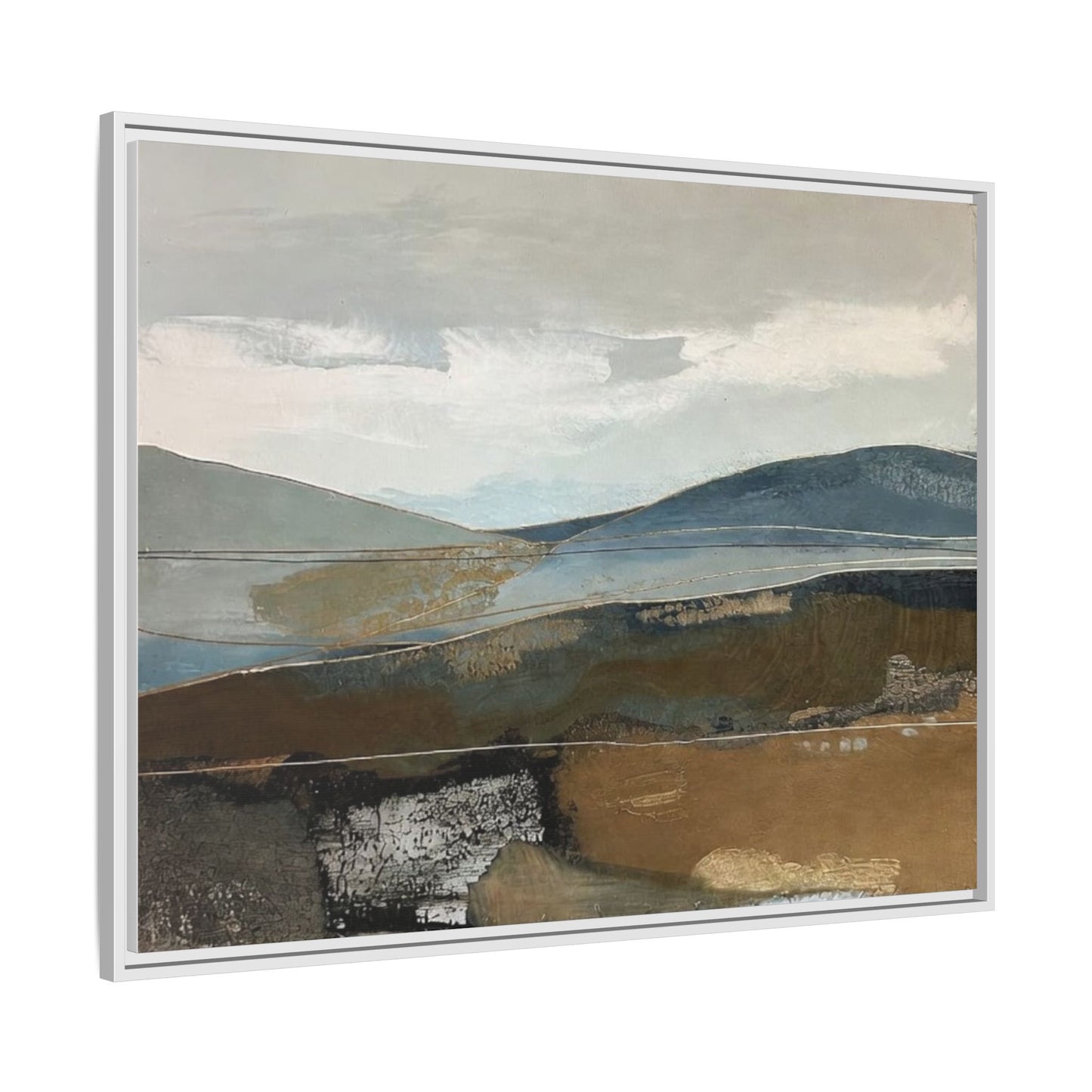 Framed Matte Canvas Landscape Art - Serene Abstract Hills in Blue & Earth Tones