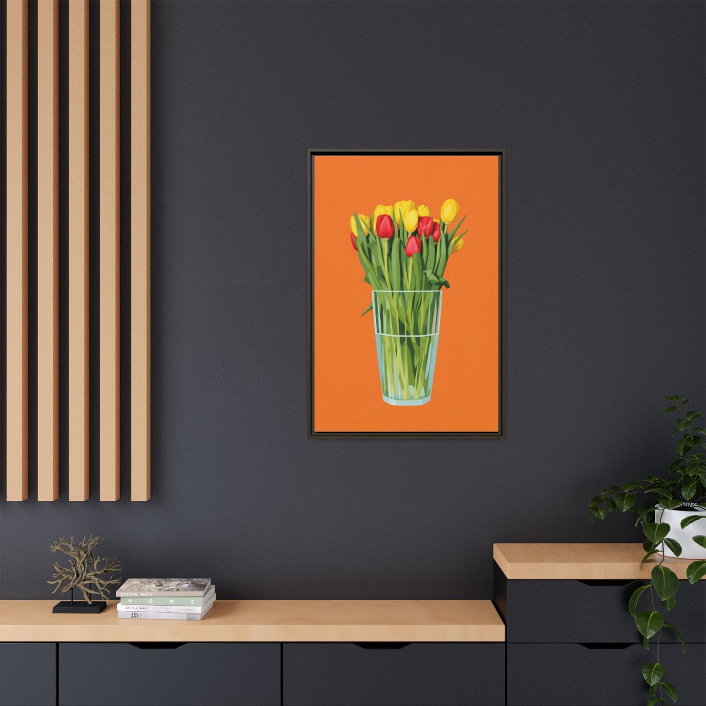 Framed Tulip Canvas Print — Colorful Tulips in Glass Vase