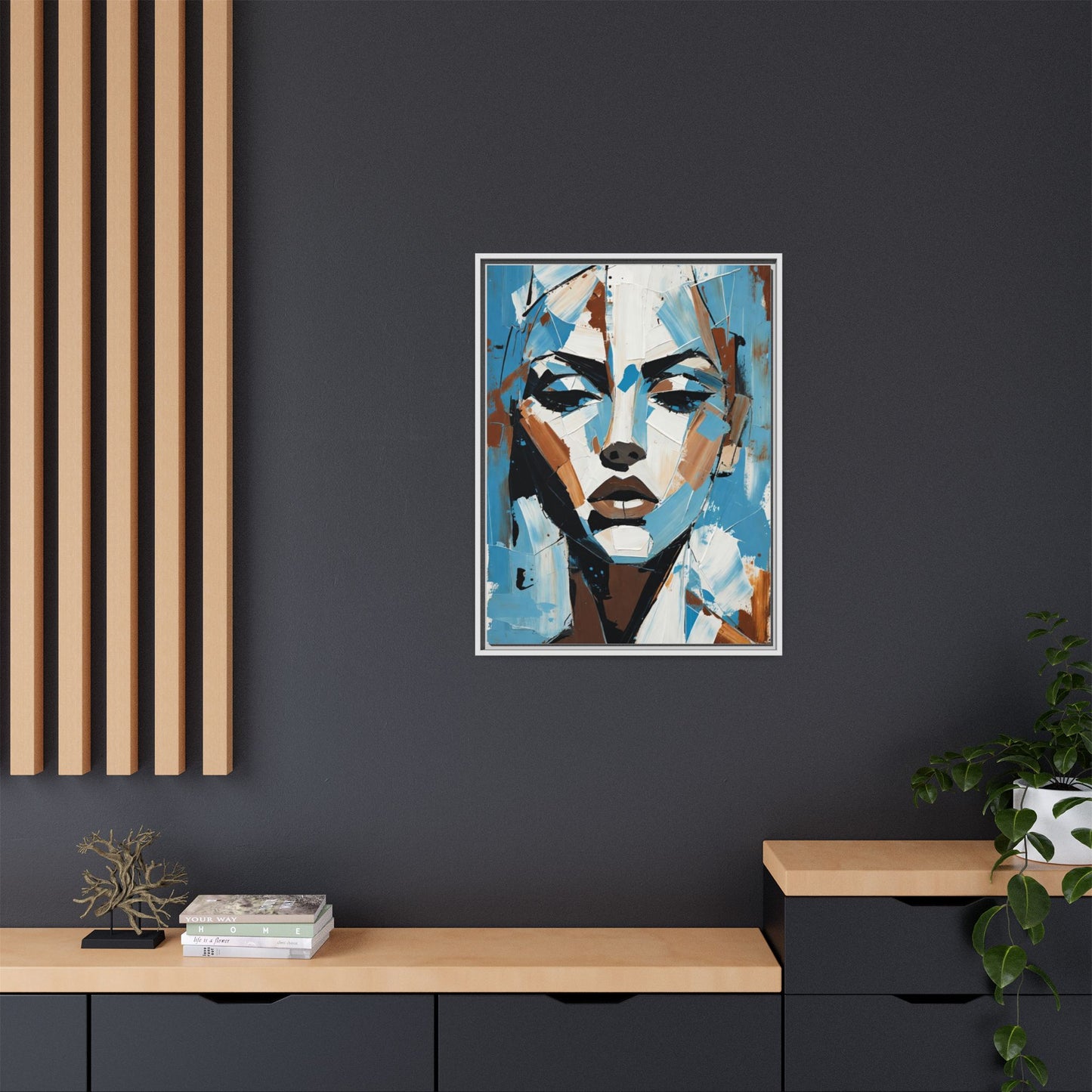 Abstract Blue Face Matte Canvas Wall Art — Framed Modern Portrait Print