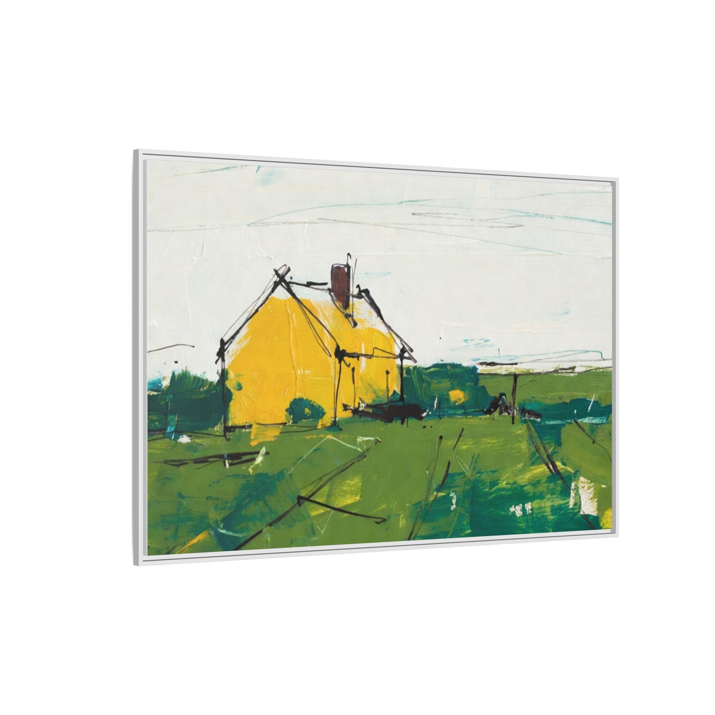 Yellow Cottage Landscape Framed Canvas Print