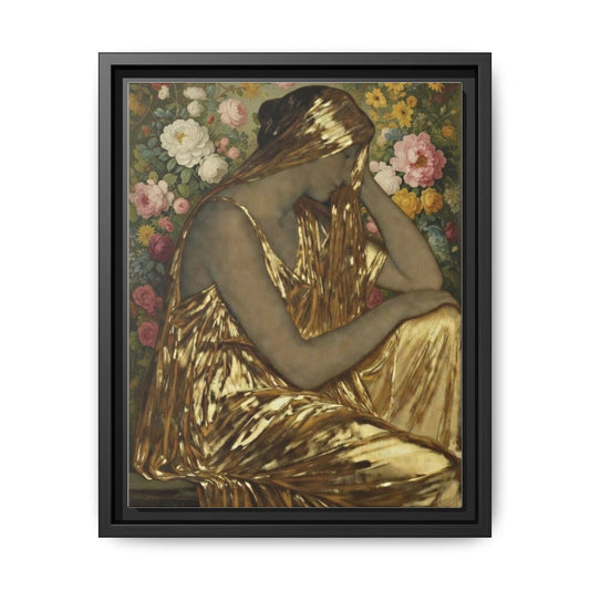 Framed Canvas Art Print — Golden Muse Woman with Floral Background