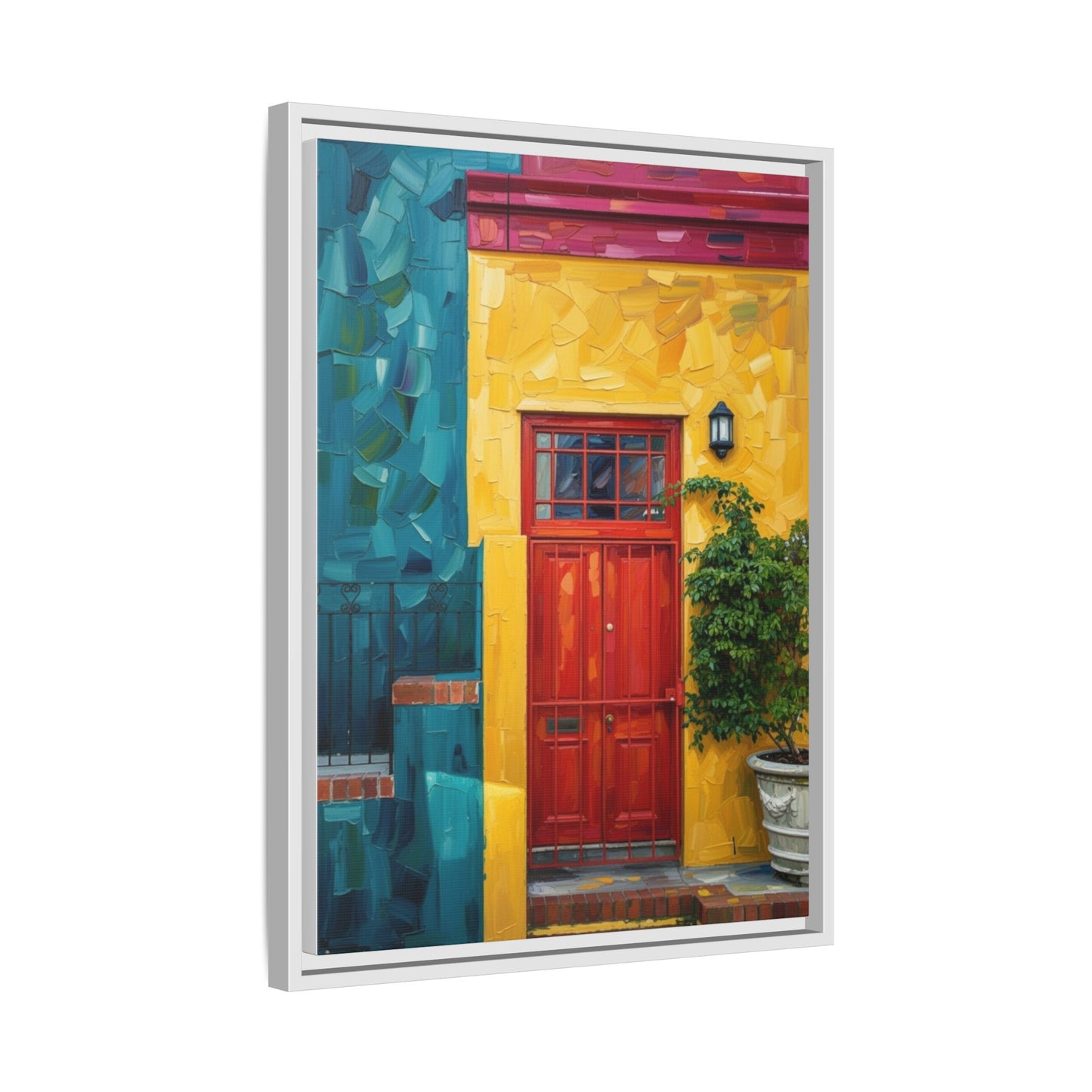 Framed Matte Canvas Wall Art — Colorful Red Door on Yellow Facade