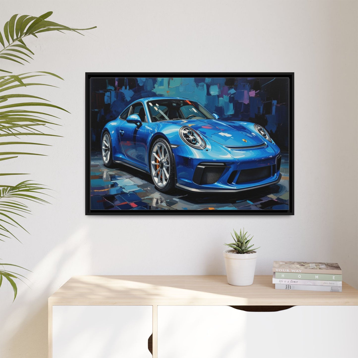 Blue Sports Car Matte Canvas Framed Print — Modern Automotive Wall Art