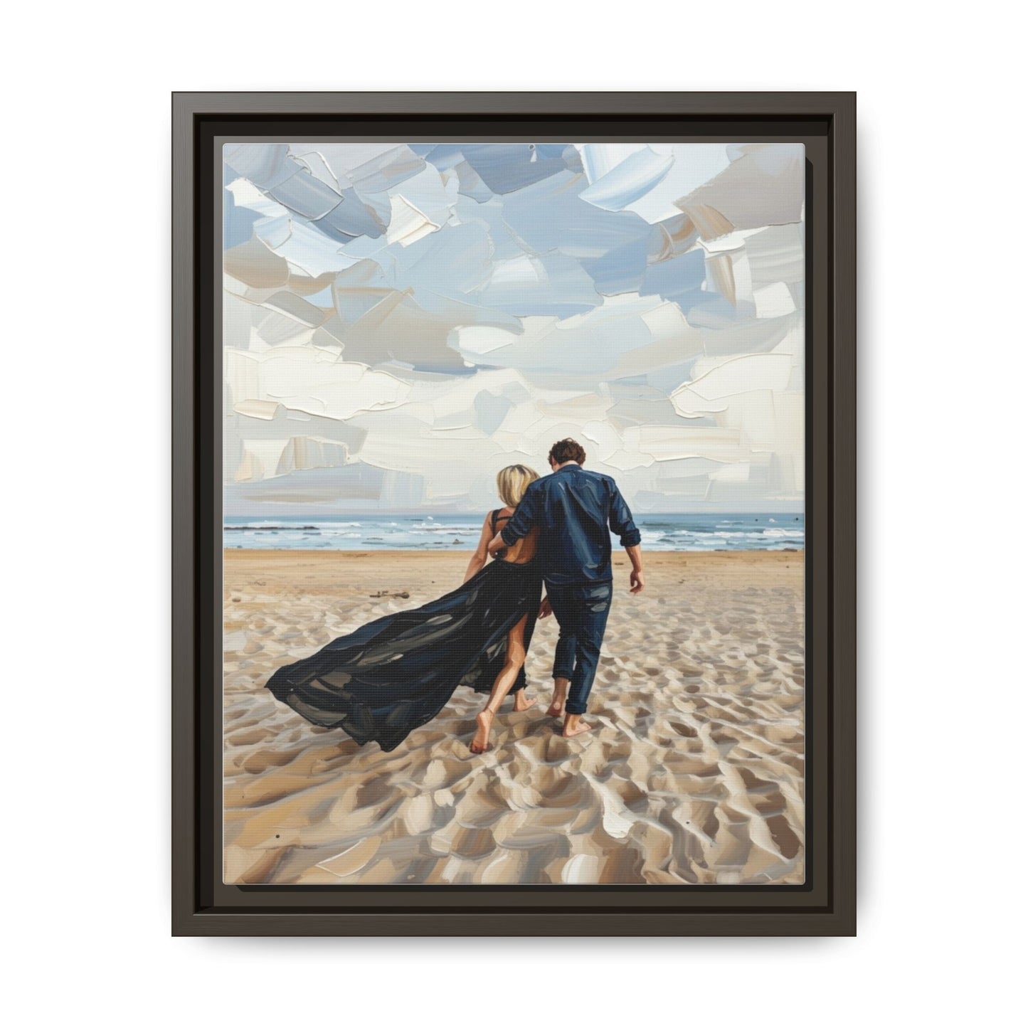 Framed Canvas Wall Art — Romantic Couple Walking on Beach Print