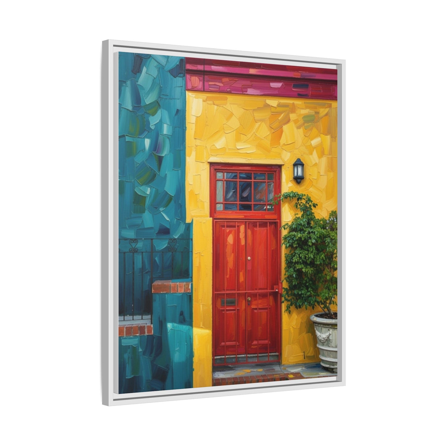 Framed Matte Canvas Wall Art — Colorful Red Door on Yellow Facade