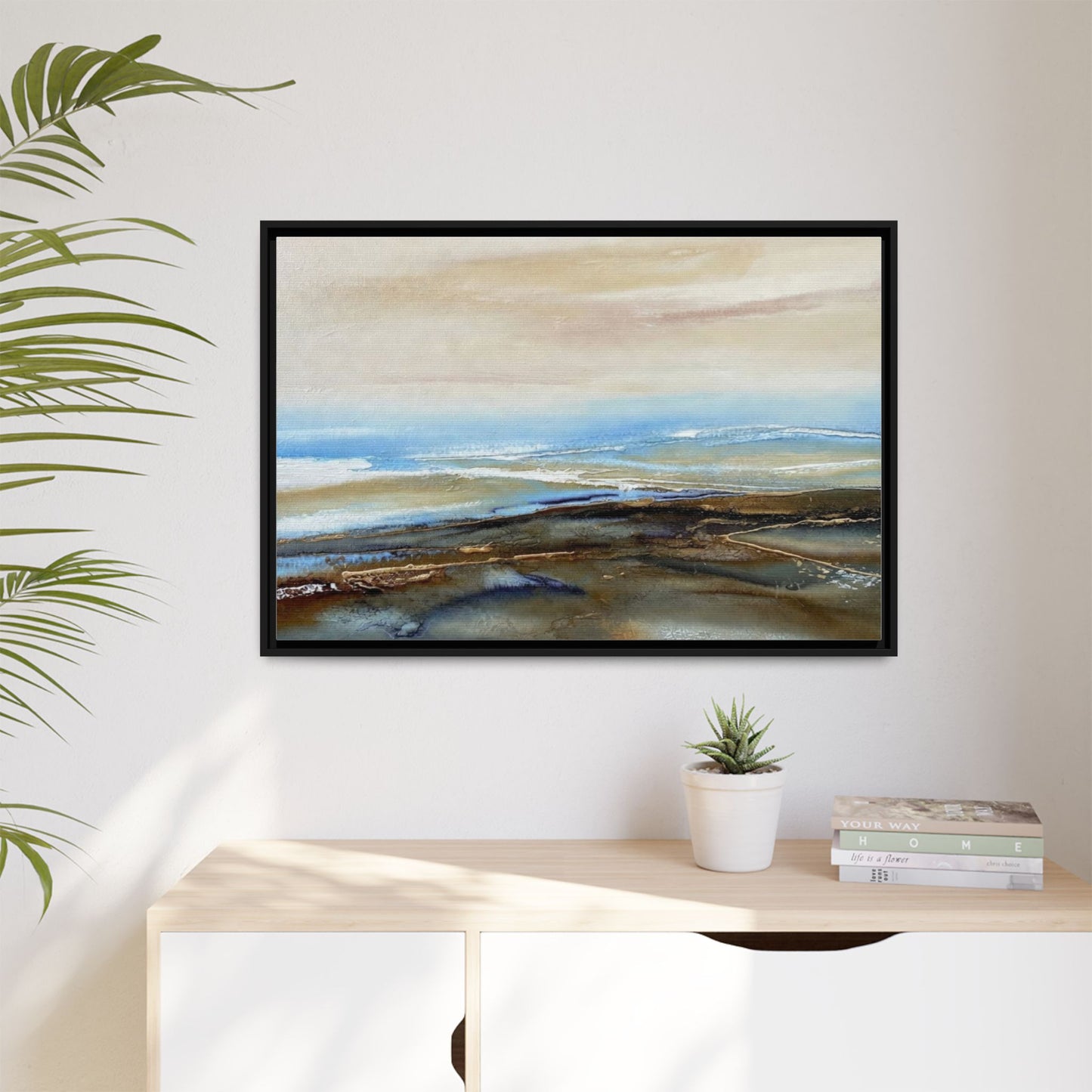 Framed Abstract Seascape Matte Canvas — Coastal Blue & Earth Tone Wall Art