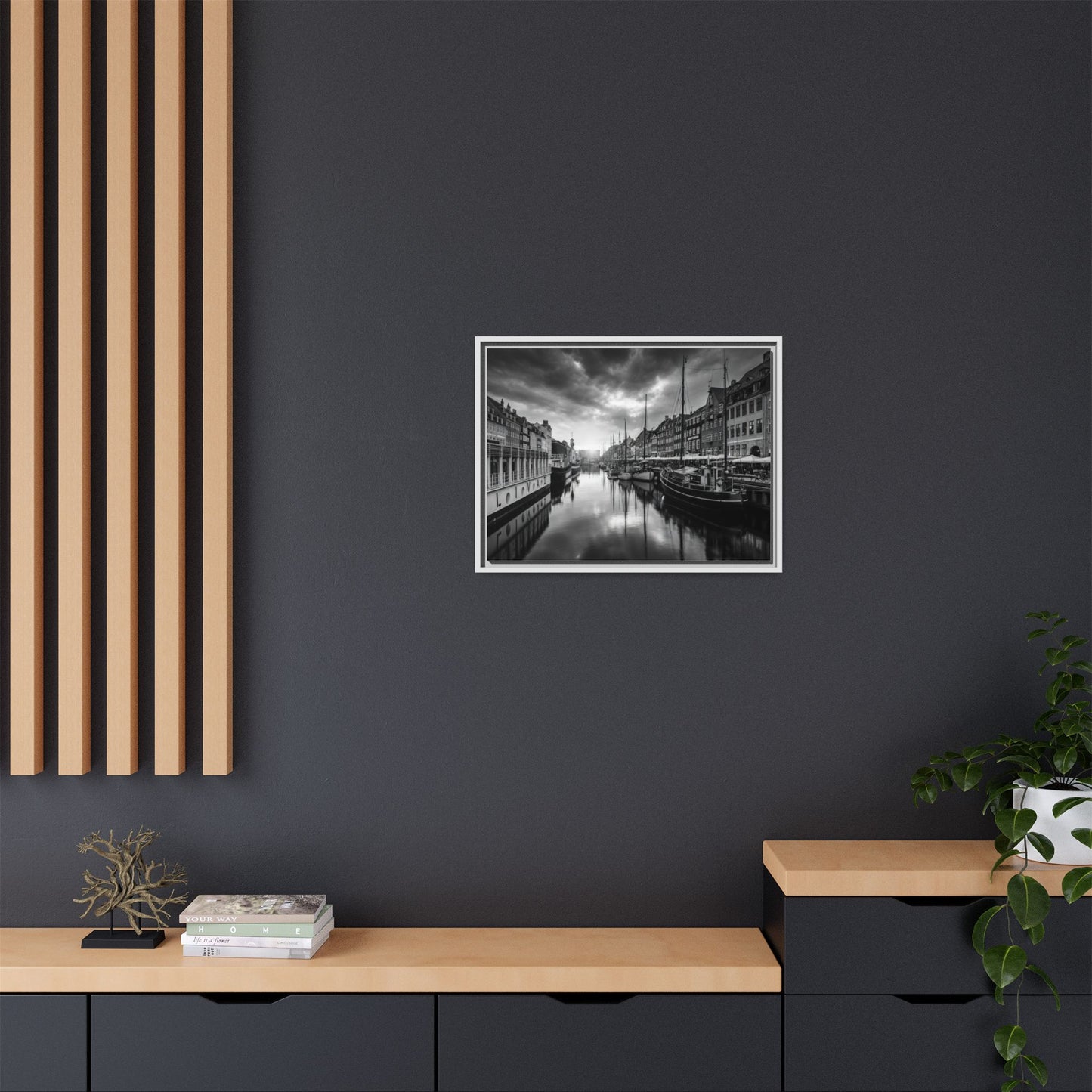 Framed Matte Canvas: Black & White Dutch Canal Photography Wall Art