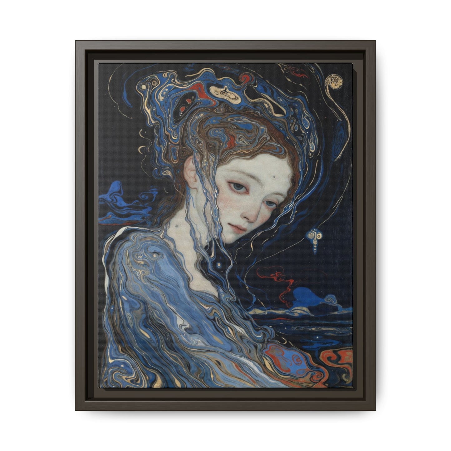 Framed Matte Canvas Art Print — Surreal Blue Maiden Portrait
