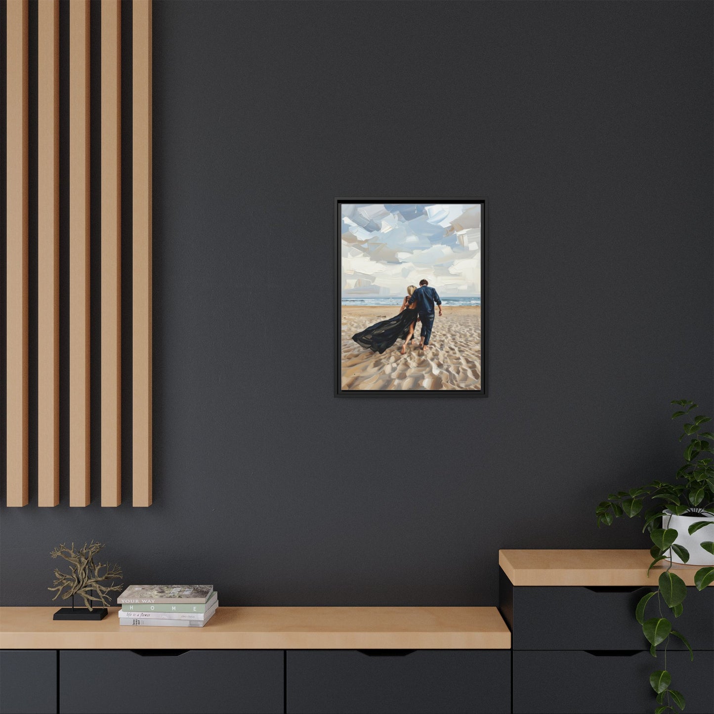 Framed Canvas Wall Art — Romantic Couple Walking on Beach Print