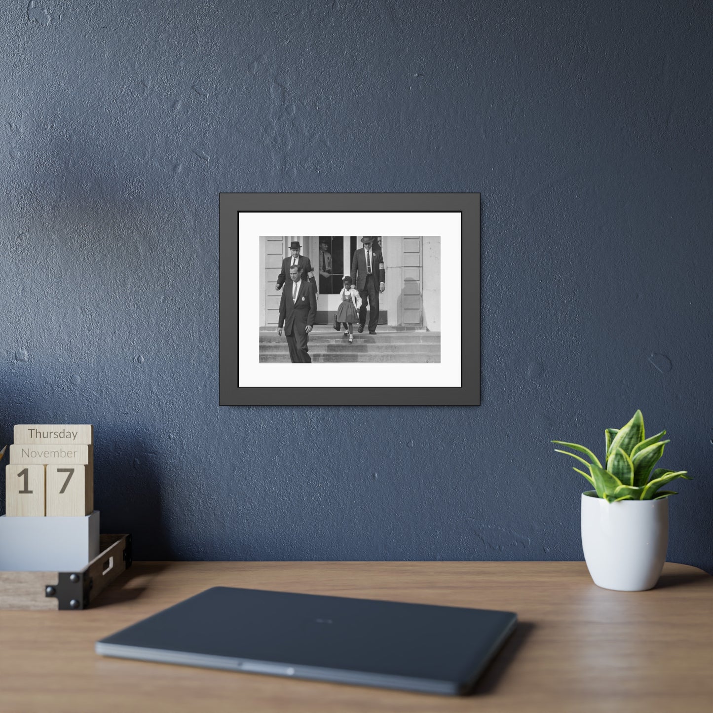 US Marshals with Young Ruby Bridges on School Steps by Unknown  Black & White Civil Rights Photograph Framed Wall Art Print