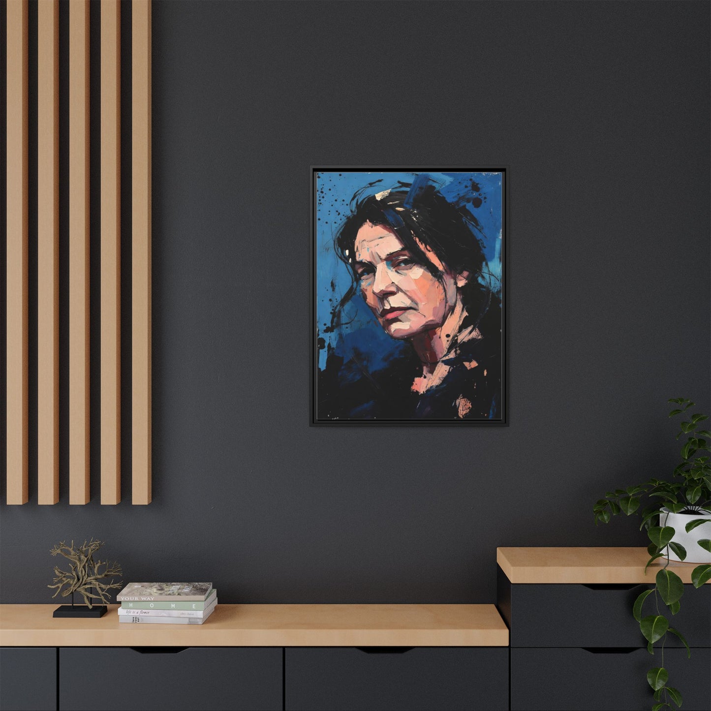 Framed Matte Canvas Portrait — Expressive Blue Painterly Woman Art