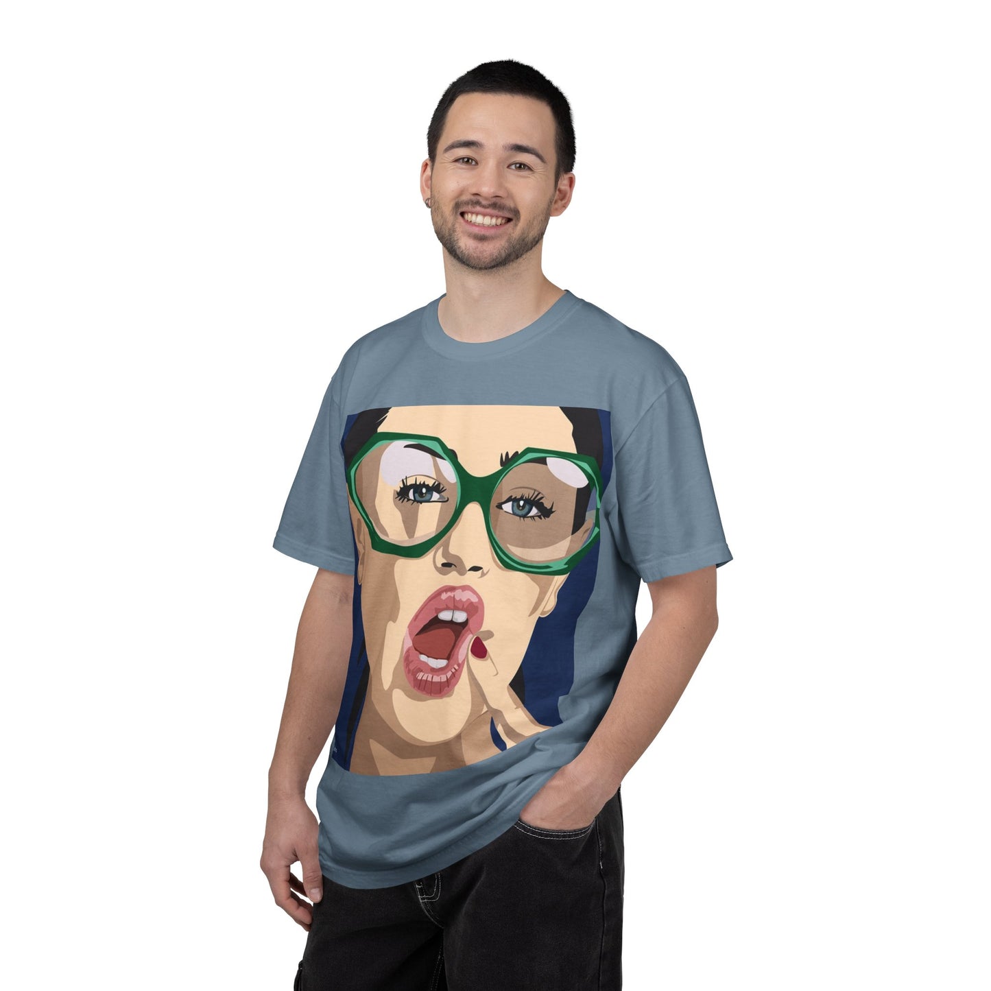 Pop Art Woman Graphic T‑Shirt — Retro Chic Green Glasses Design