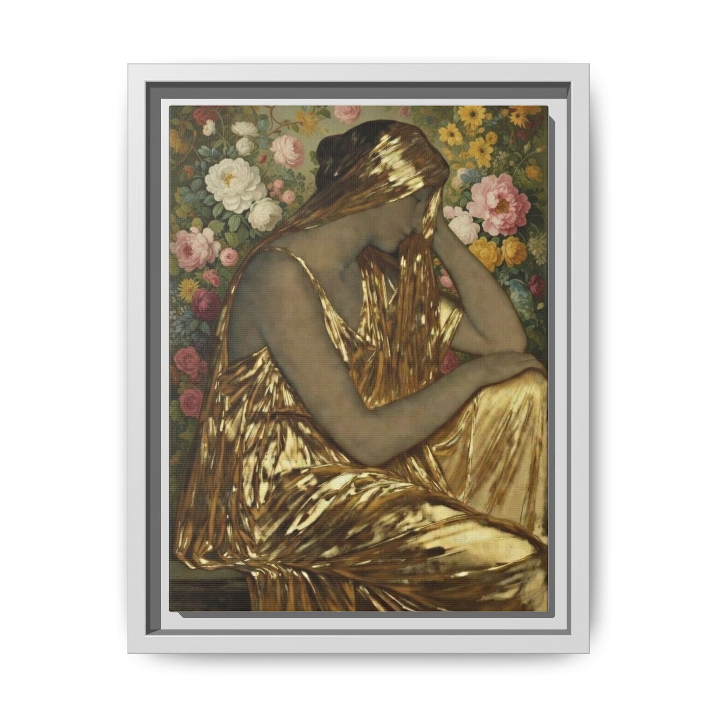 Framed Canvas Art Print — Golden Muse Woman with Floral Background
