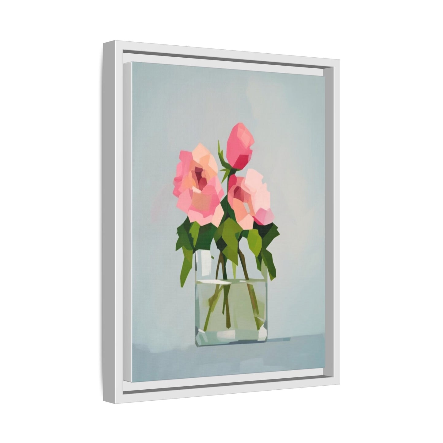 Framed Floral Canvas Print — Pink Roses in Glass Vase (Matte)