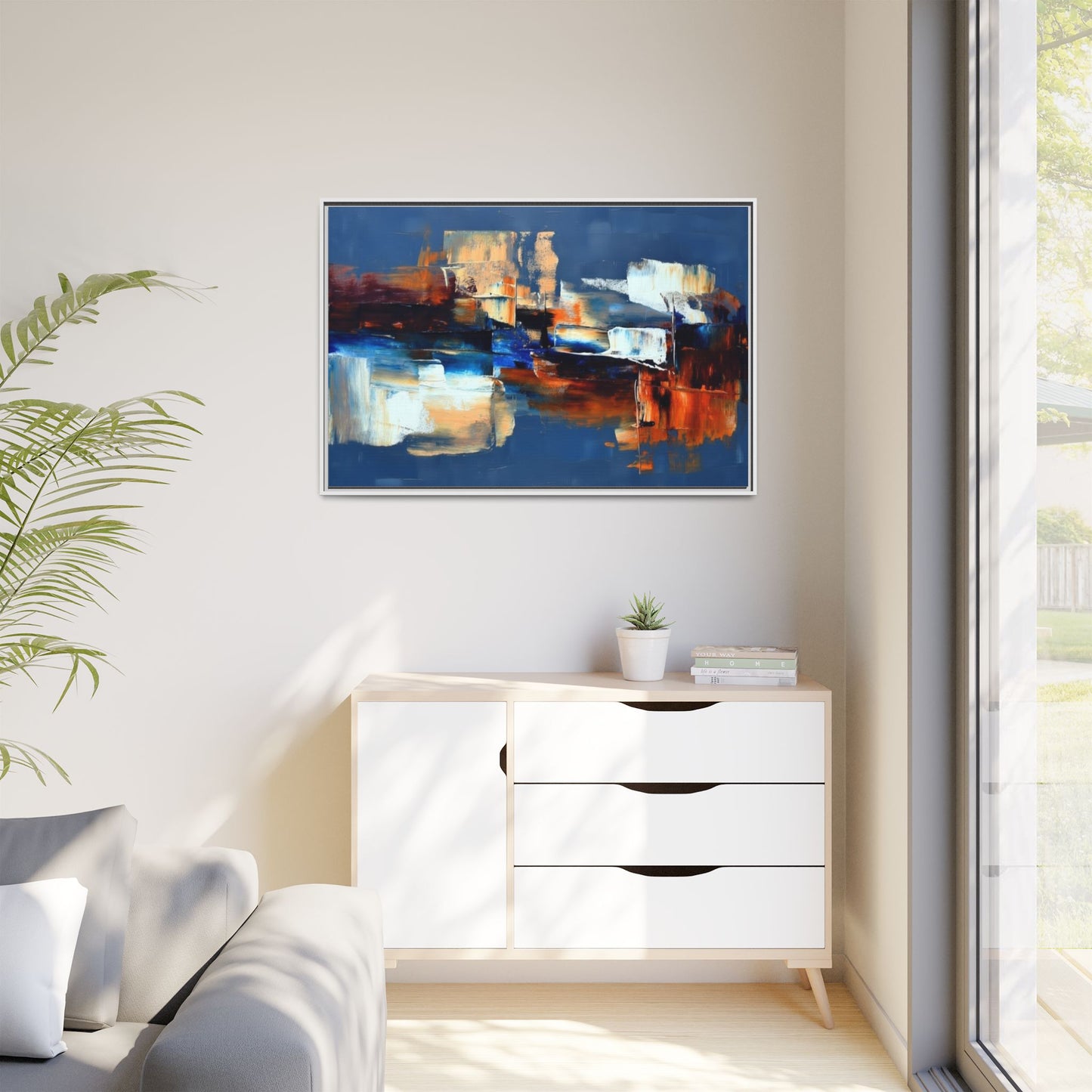 Abstract Blue & Rust Framed Canvas Art — Modern Matte Wall Painting