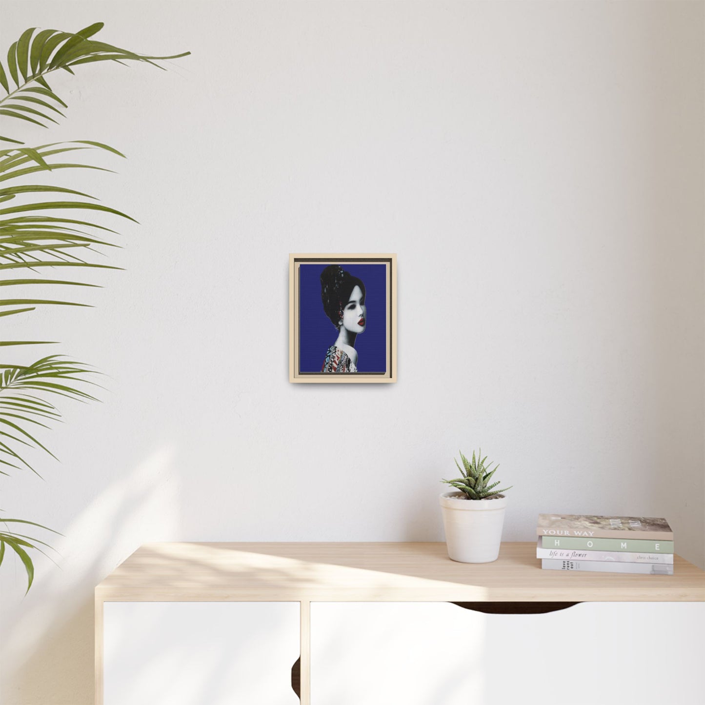 Framed Matte Canvas Art — Elegant Geisha Portrait on Deep Blue