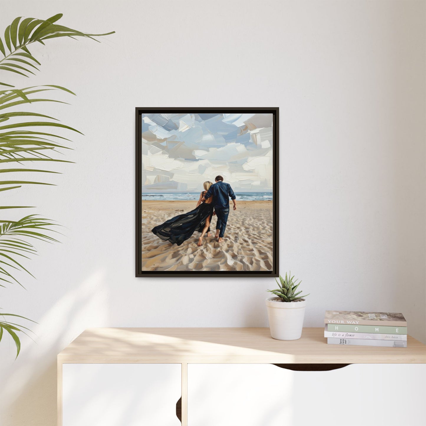 Framed Canvas Wall Art — Romantic Couple Walking on Beach Print
