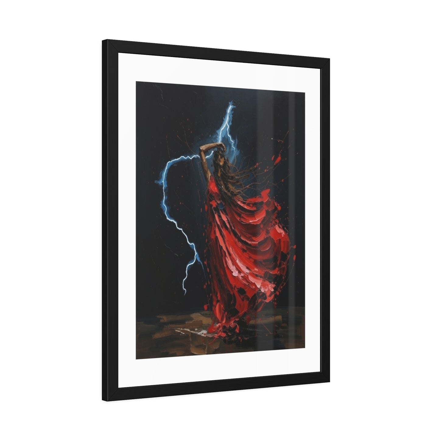 Framed Poster — Red-Dressed Dancer with Lightning Art Print