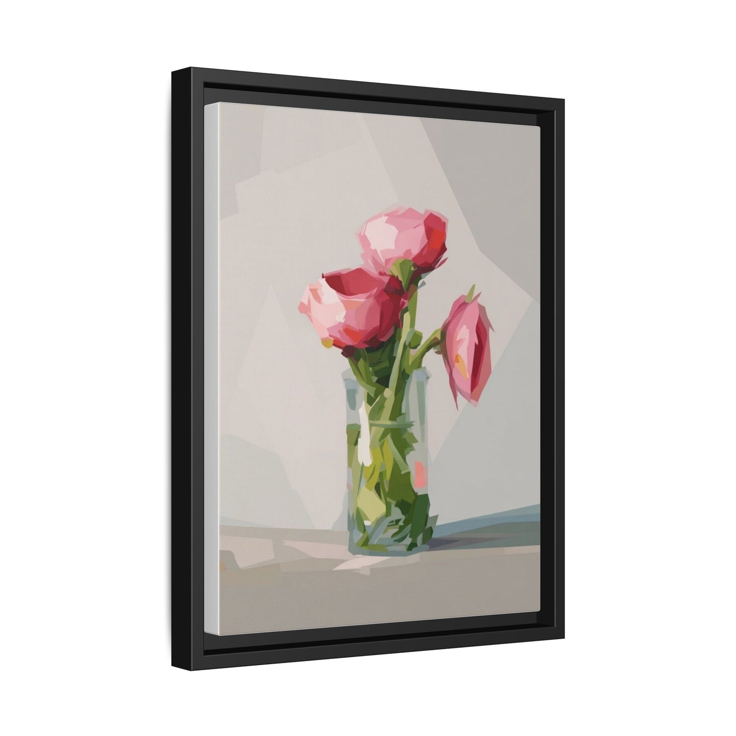 Framed Canvas Art — Pink Roses in Vase, Modern Floral Wall Print