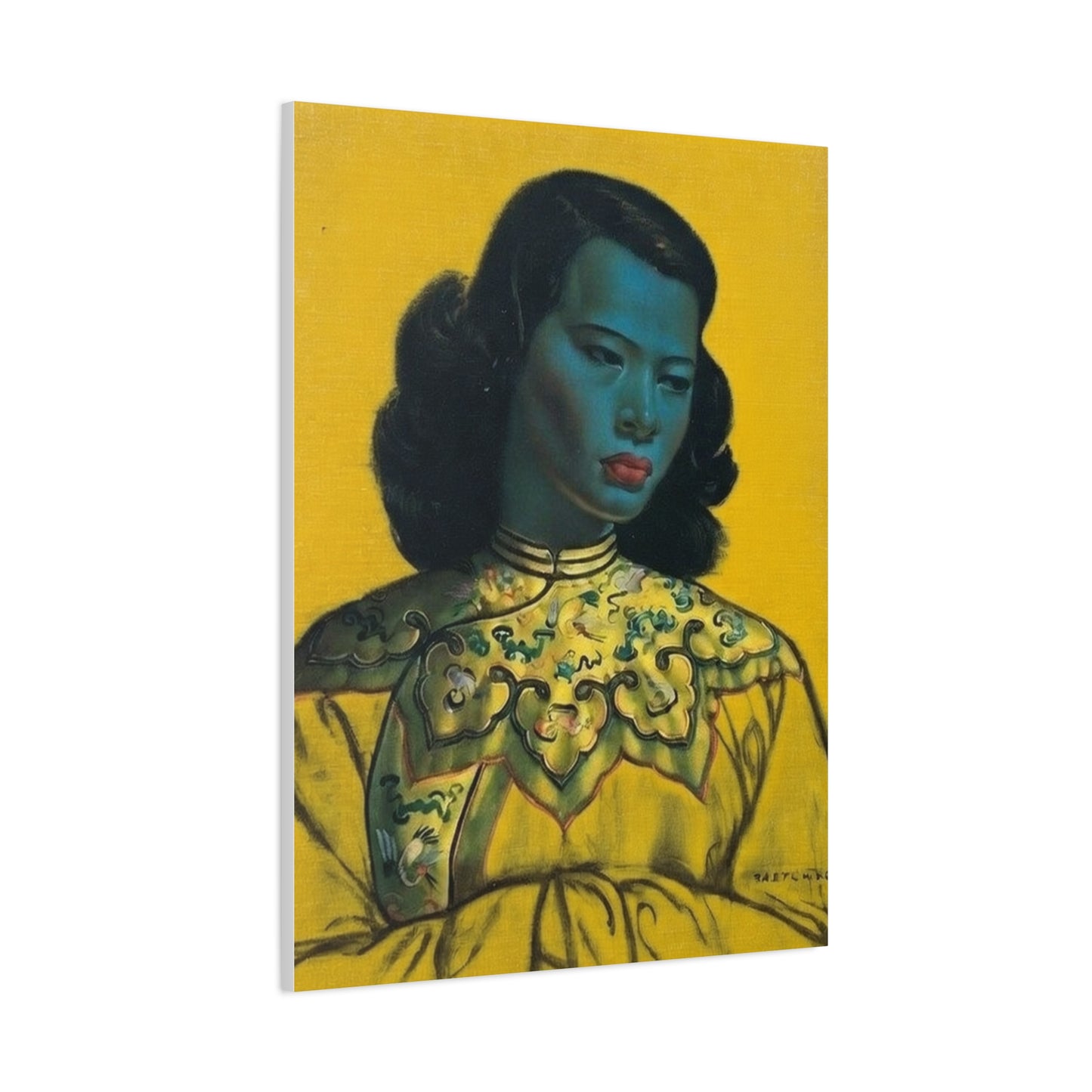 Vintage Portrait Canvas Print — Mid-Century Asian Woman Art on Yellow Background