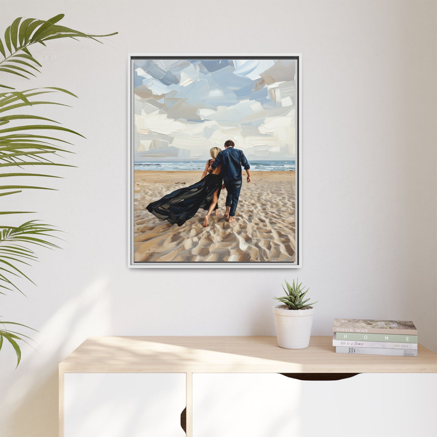 Framed Canvas Wall Art — Romantic Couple Walking on Beach Print