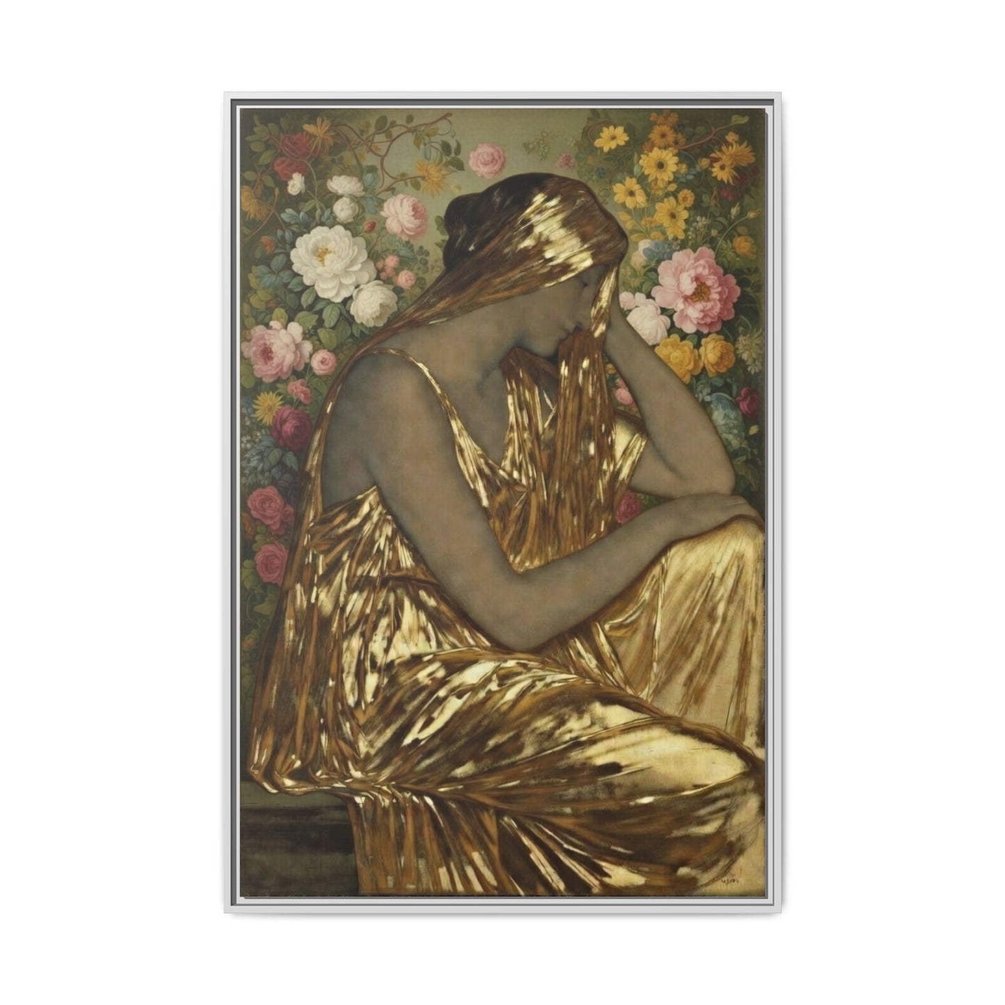 Framed Canvas Art Print — Golden Muse Woman with Floral Background