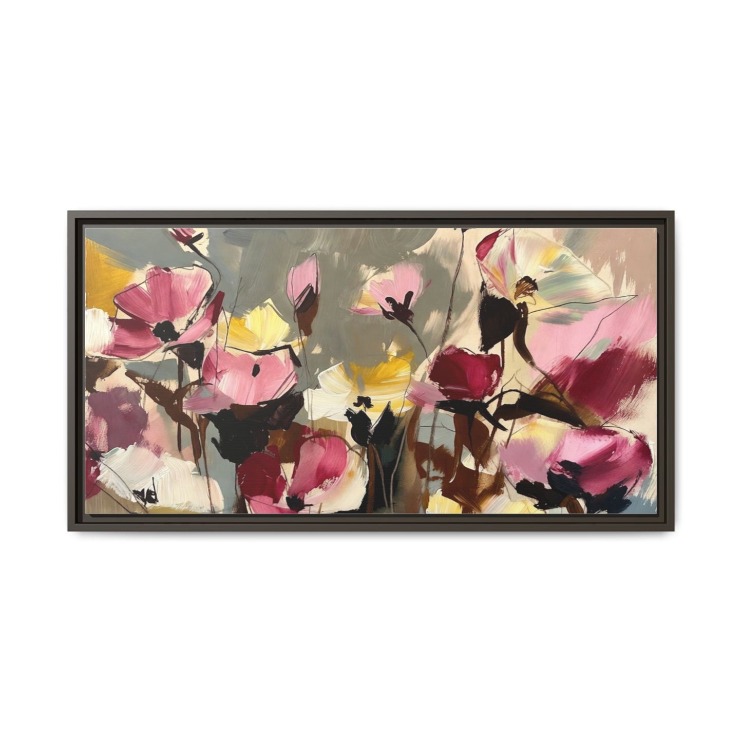 Framed Floral Canvas Wall Art — Abstract Pink & Yellow Flowers